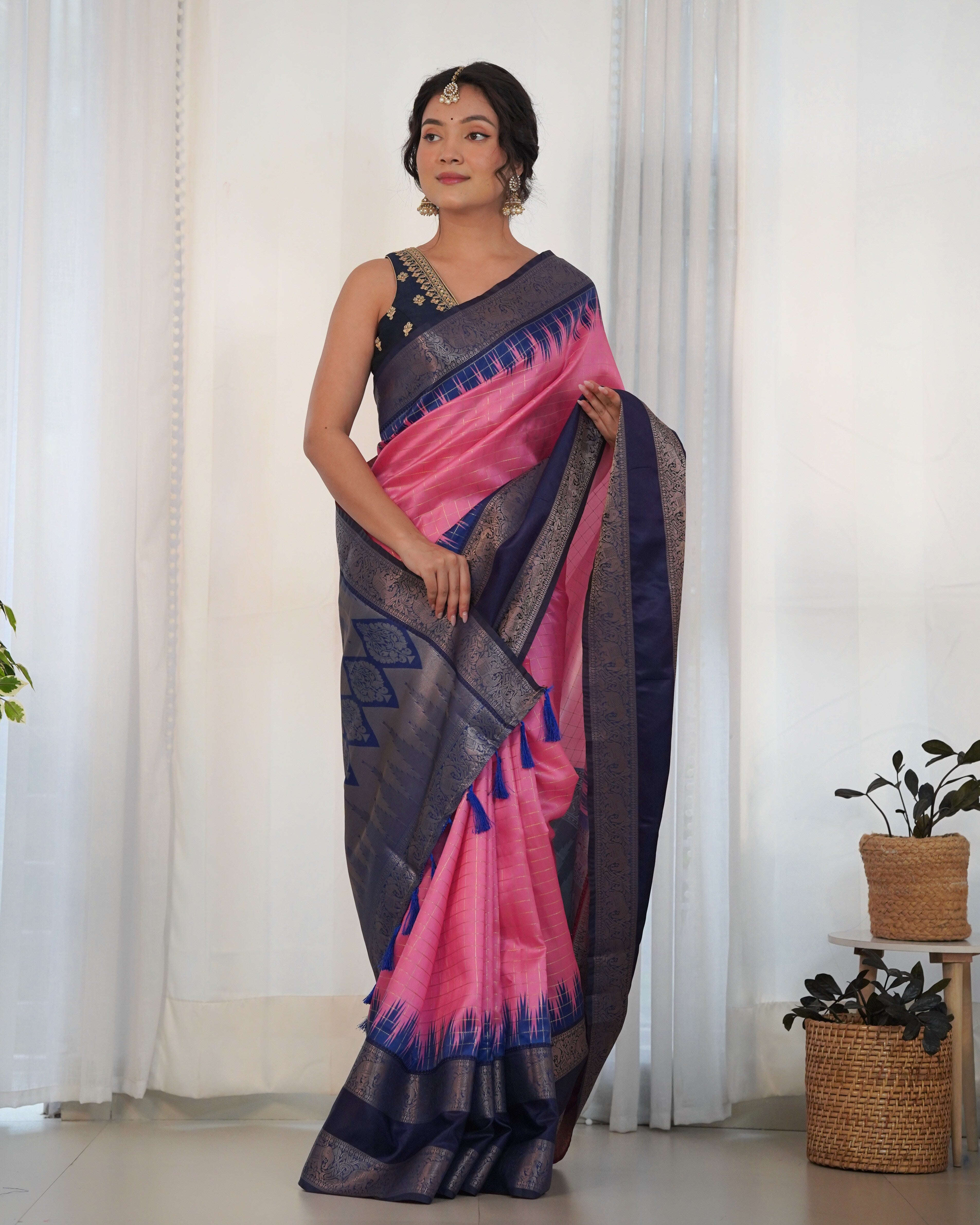 Pink Color Designer Prism Print with Weaving Border. Kalikar