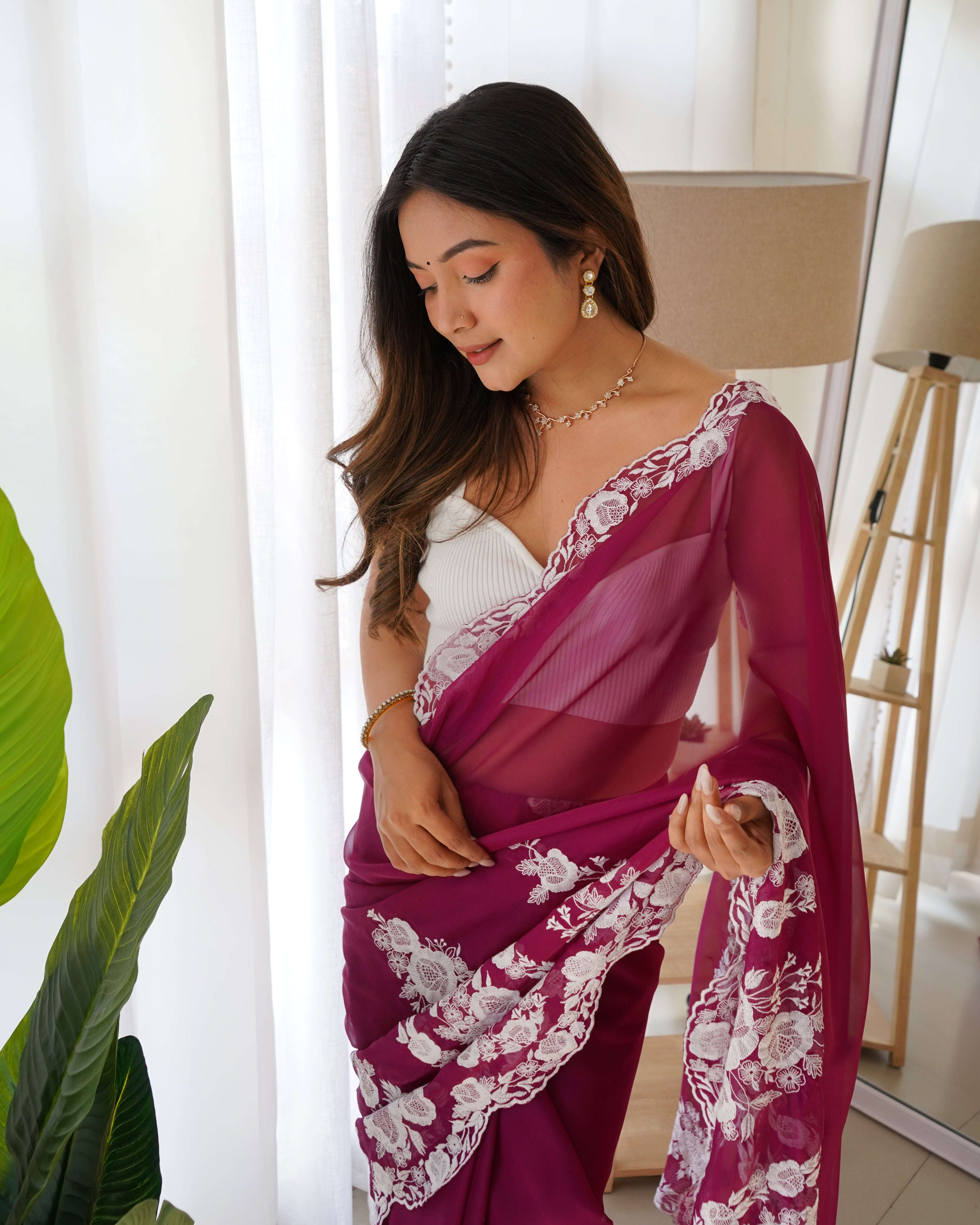 Designer Thread Embroidery Saree of Wine Color. Kalikar