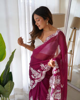 Designer Thread Embroidery Saree of Wine Color.