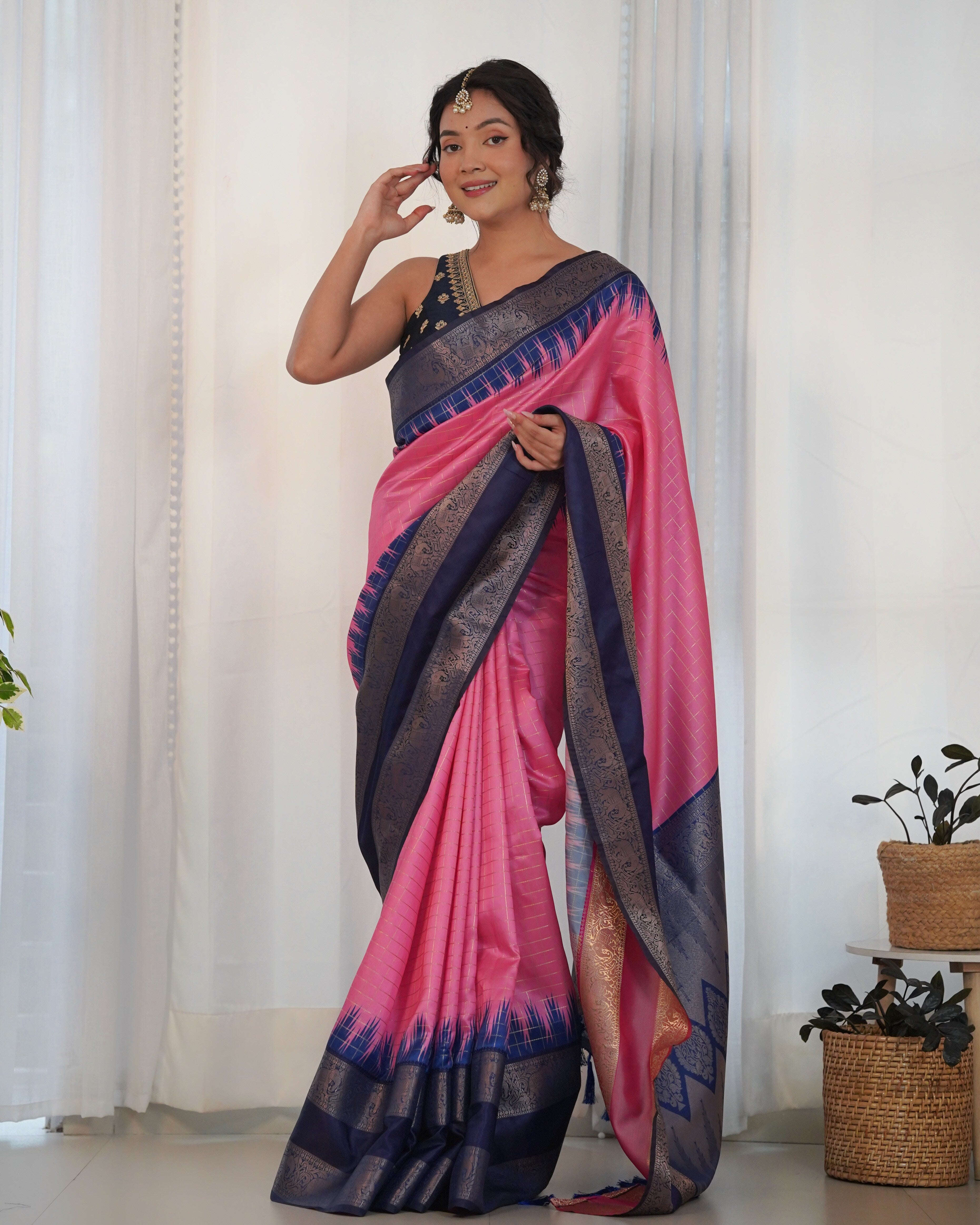 Pink Color Designer Prism Print with Weaving Border. Kalikar