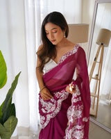 Designer Thread Embroidery Saree of Wine Color.