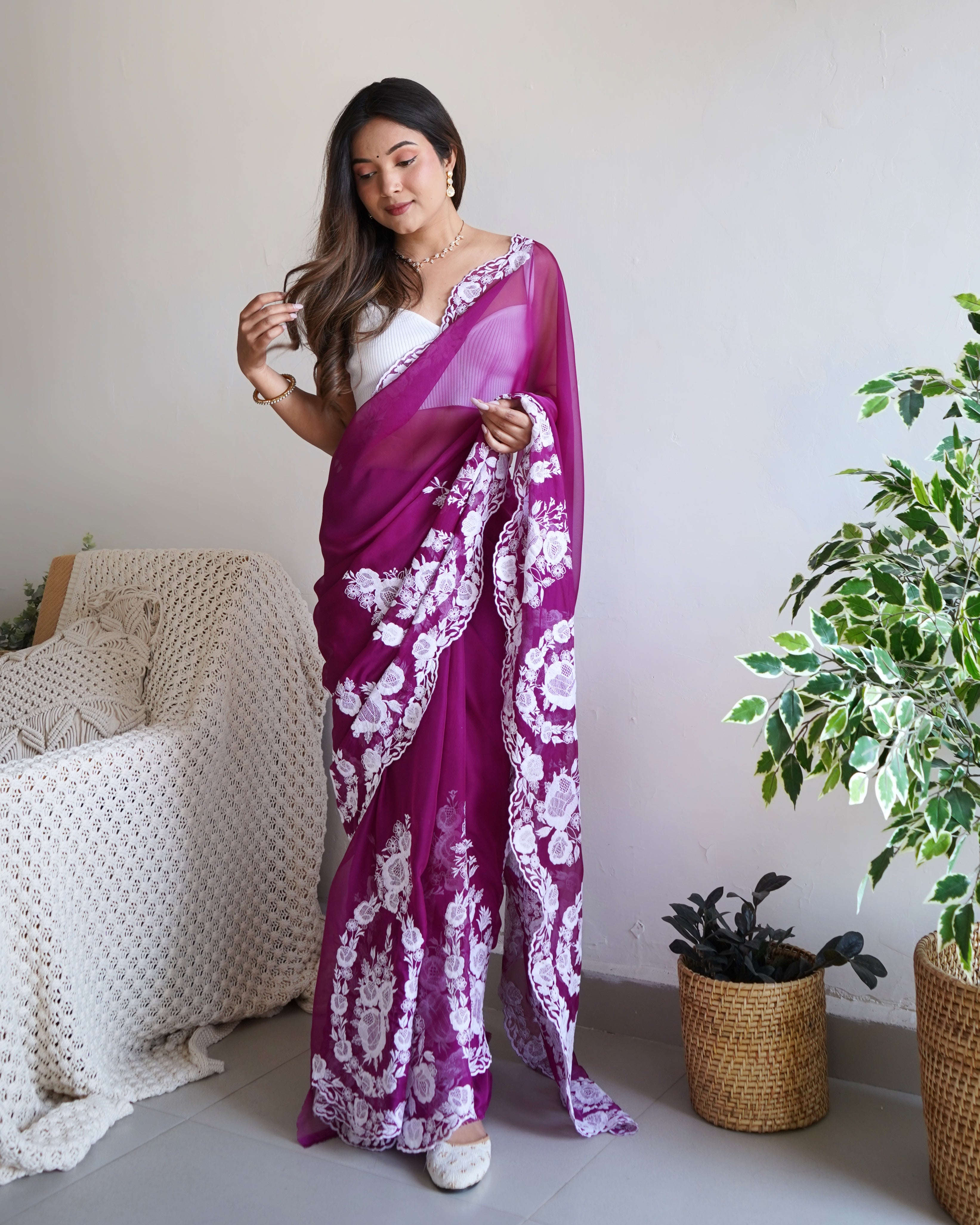 Designer Thread Embroidery Saree of Wine Color. Kalikar