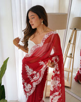 Designer Thread Embroidery Saree of Red Color.