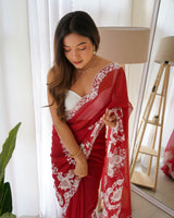 Designer Thread Embroidery Saree of Red Color.