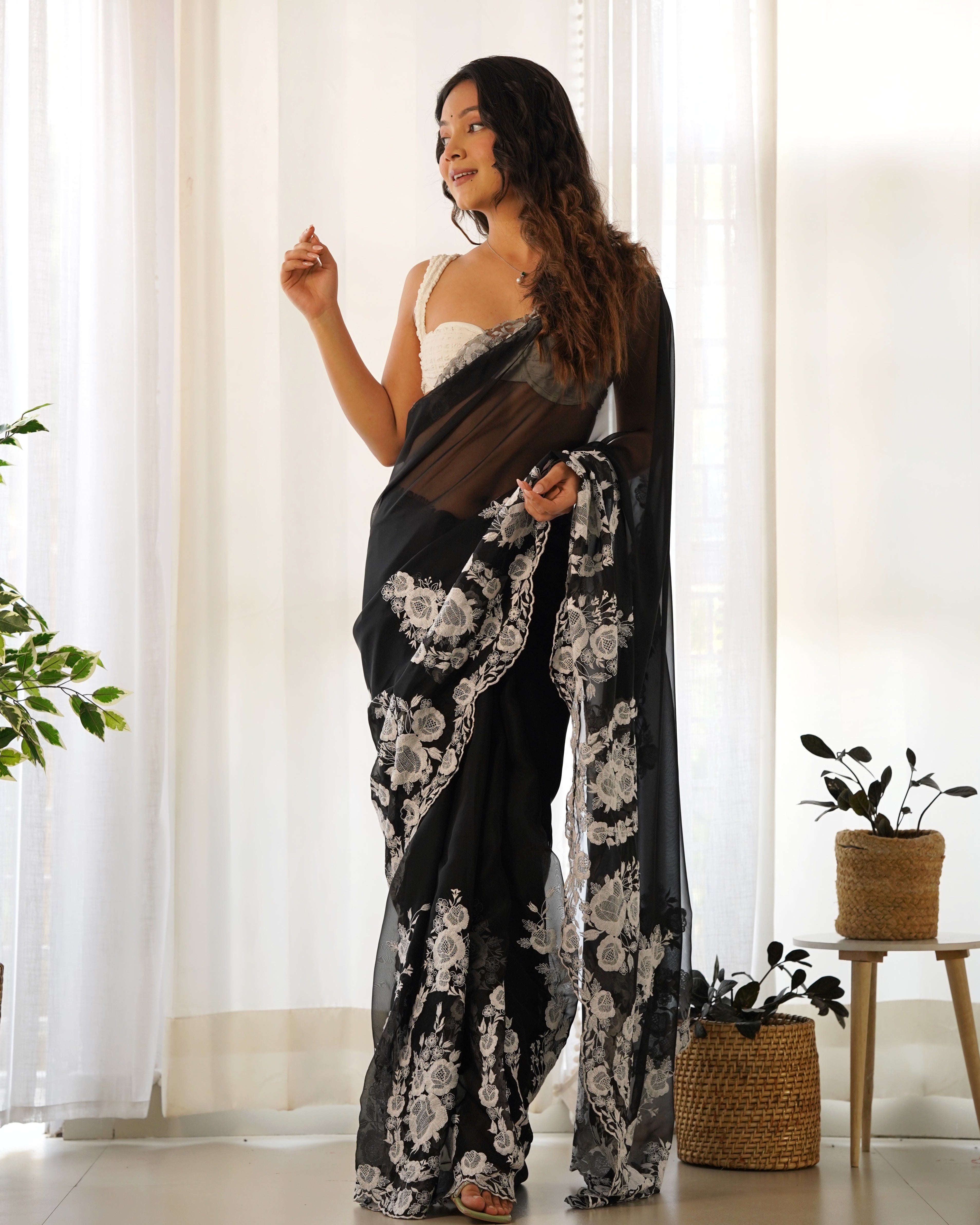 Designer Thread Embroidery Saree of Black Color. Kalikar