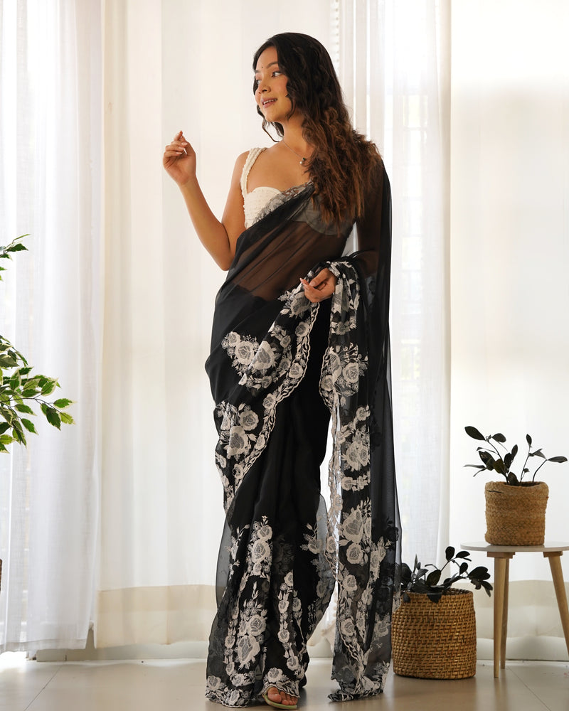 Designer Thread Embroidery Saree of Black Color.