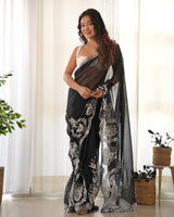 Designer Thread Embroidery Saree of Black Color.