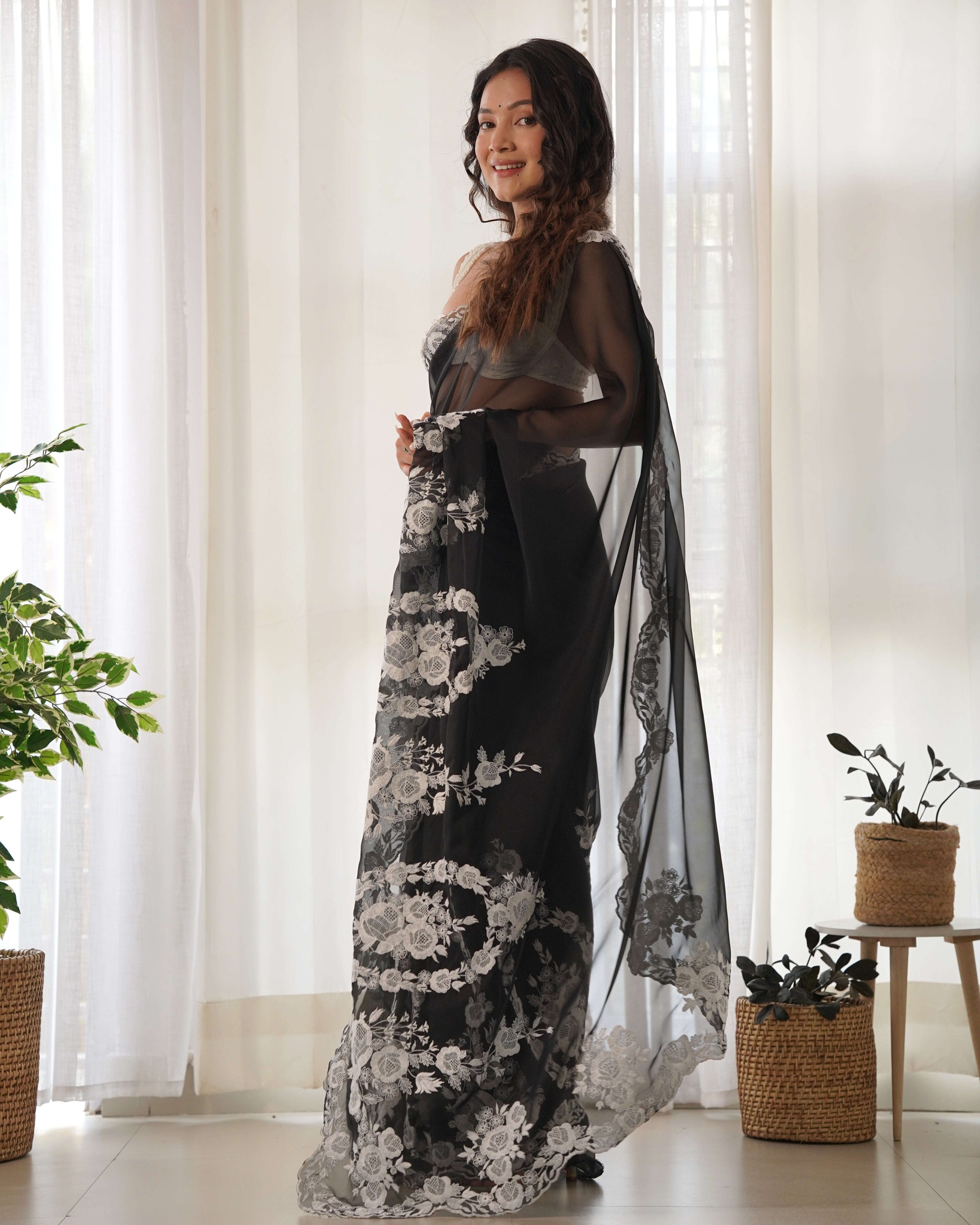 Designer Thread Embroidery Saree of Black Color. Kalikar