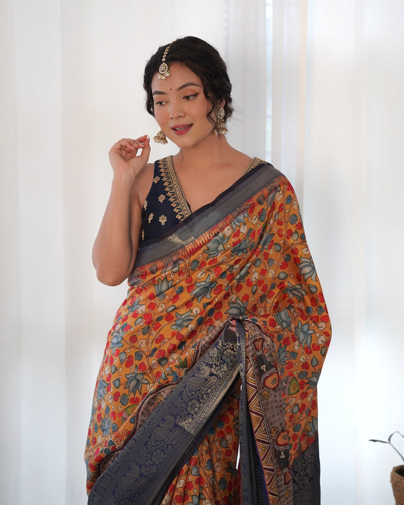 Designer Kalamkari Printed Saree of Orange Color