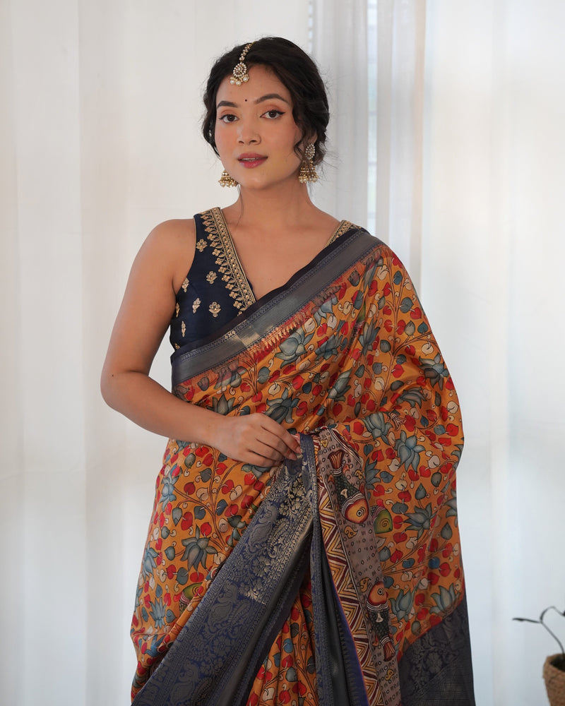 Designer Kalamkari Printed Saree of Orange Color