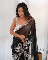 Designer Thread Embroidery Saree of Black Color.