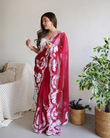 Designer Thread Embroidery Saree of Red Color.