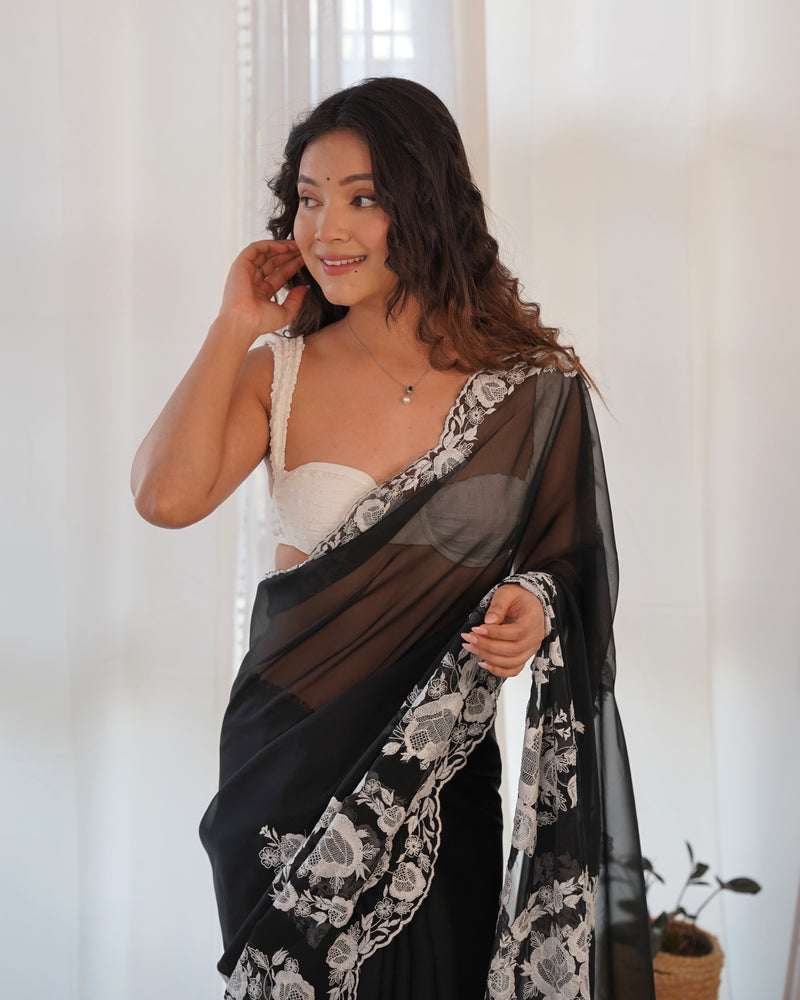 Designer Thread Embroidery Saree of Black Color.