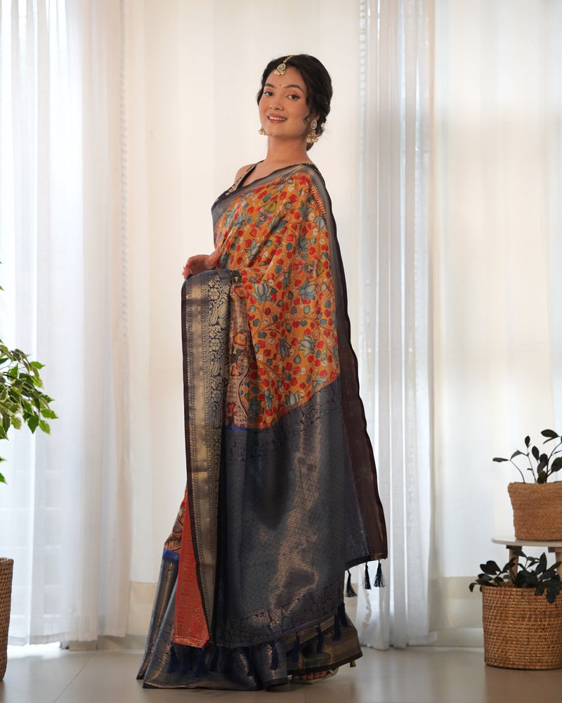 Designer Kalamkari Printed Saree of Orange Color