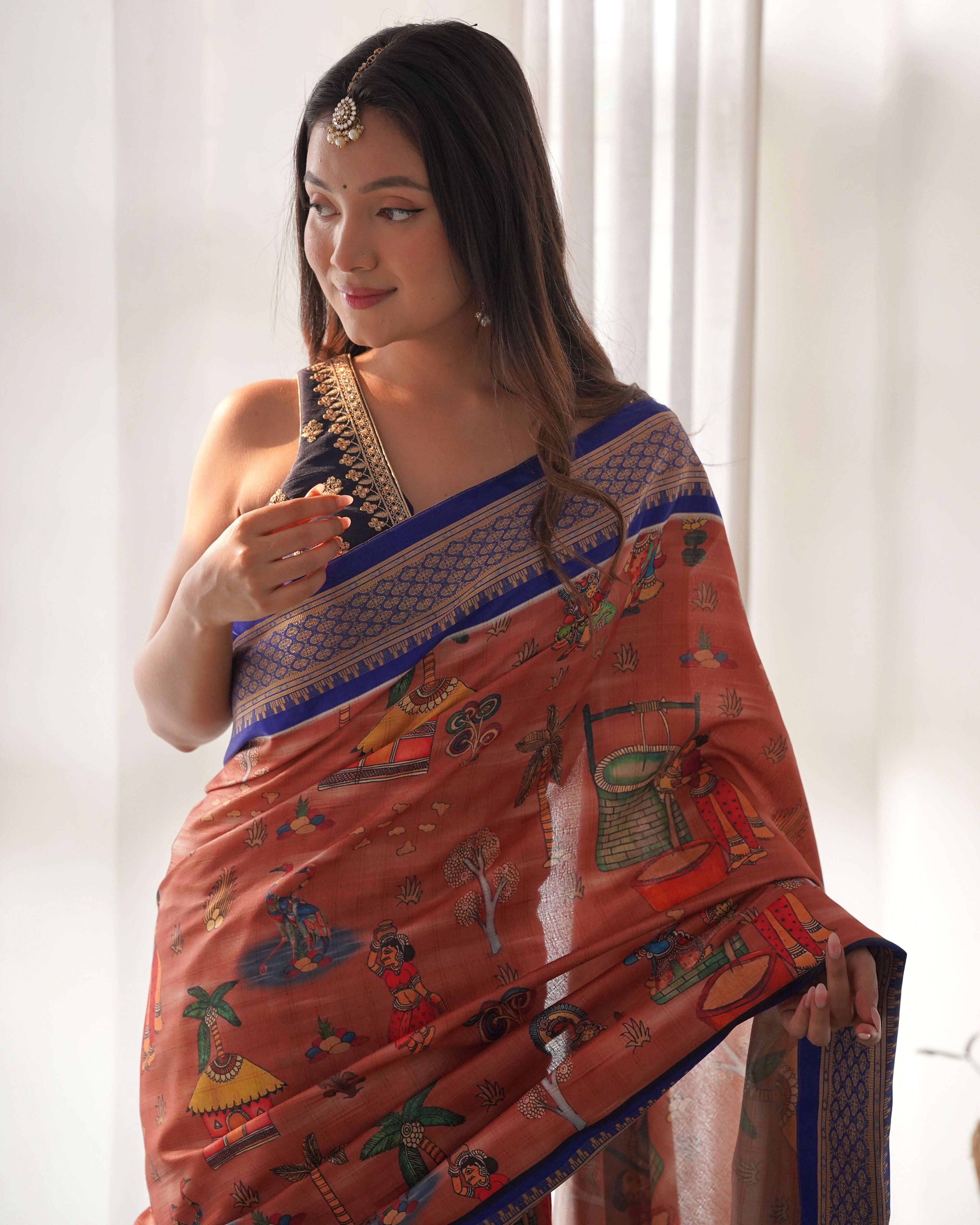 Pure Weaving Silk Saree with Kalamkari Print. Kalikar