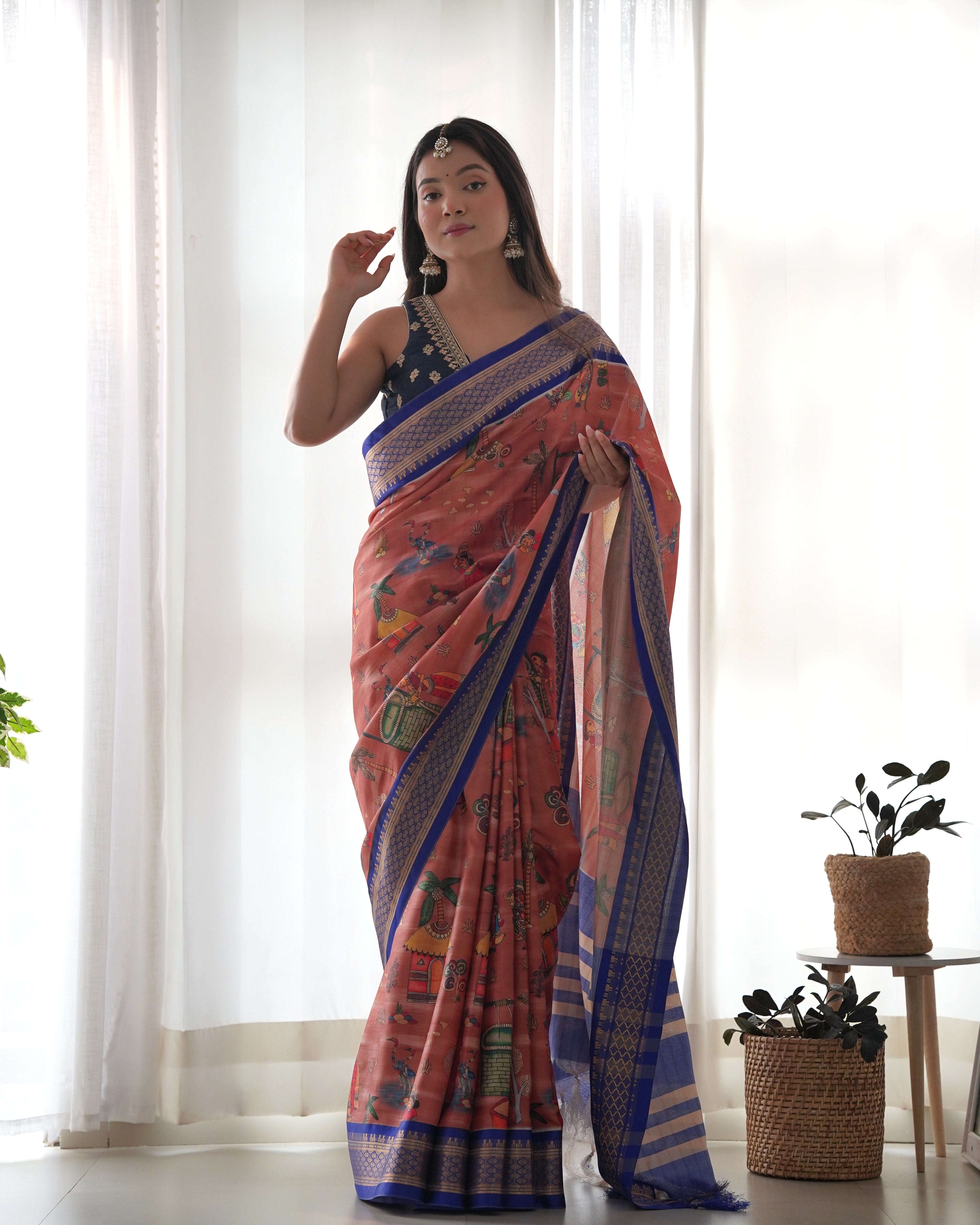 Pure Weaving Silk Saree with Kalamkari Print. Kalikar