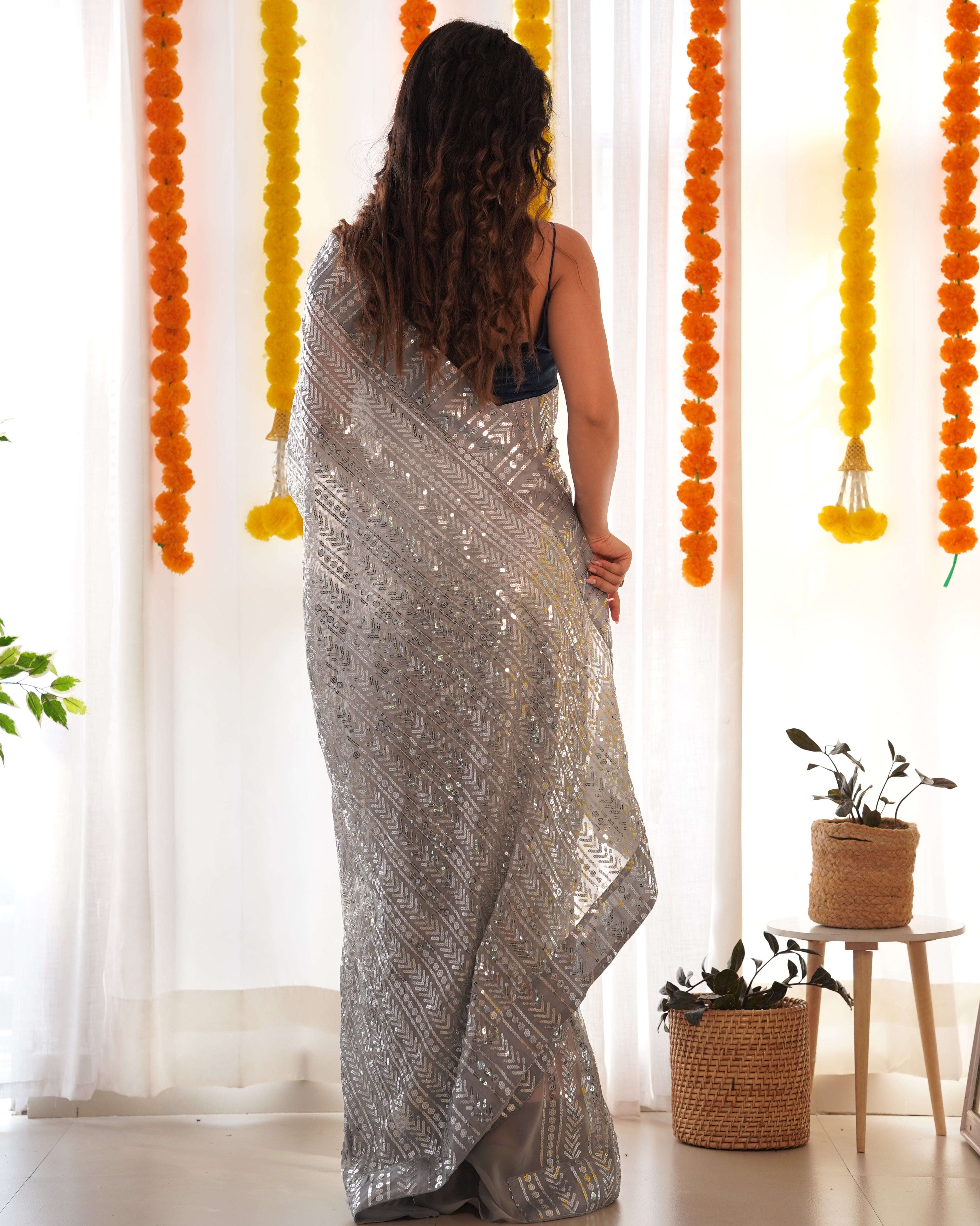 Designer Sequence Embroidered Saree of Grey Color Kalikar