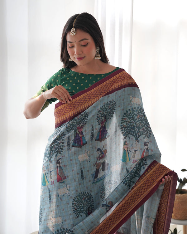 Pure Weaving Silk Saree with Kalamkari Print.