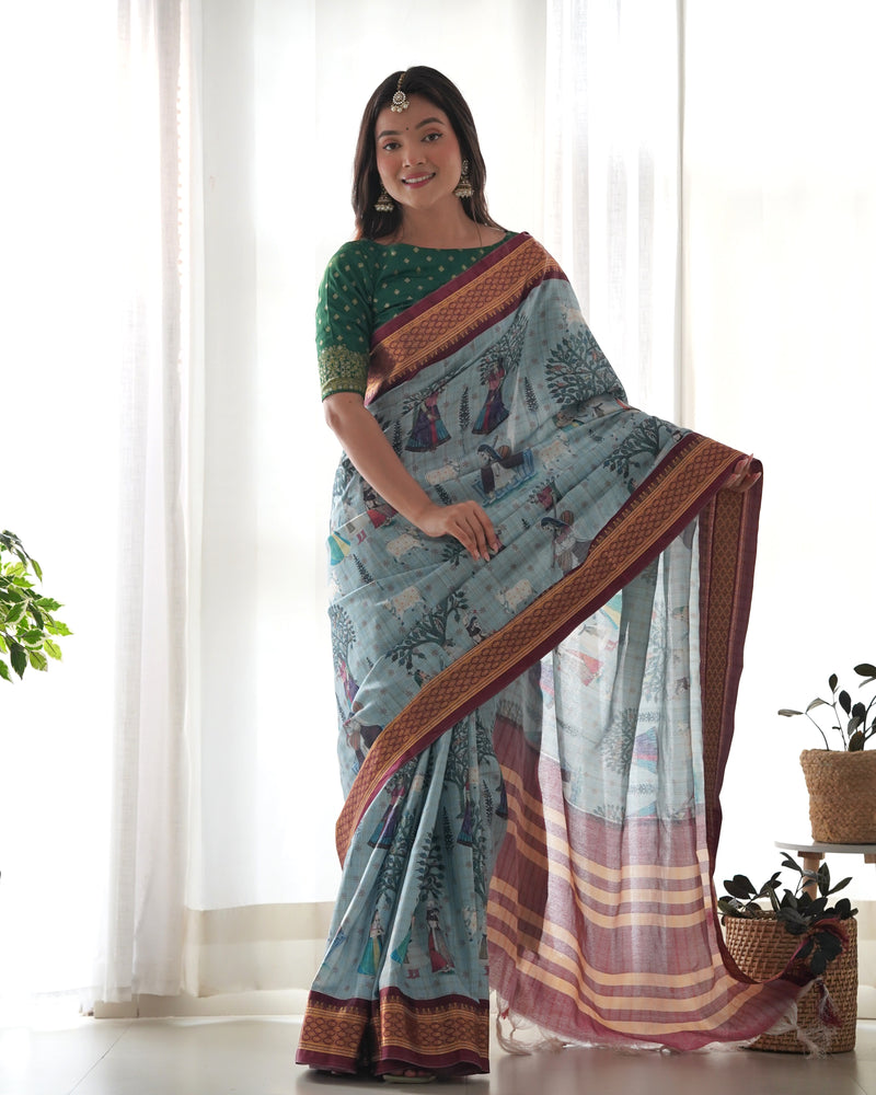 Pure Weaving Silk Saree with Kalamkari Print.