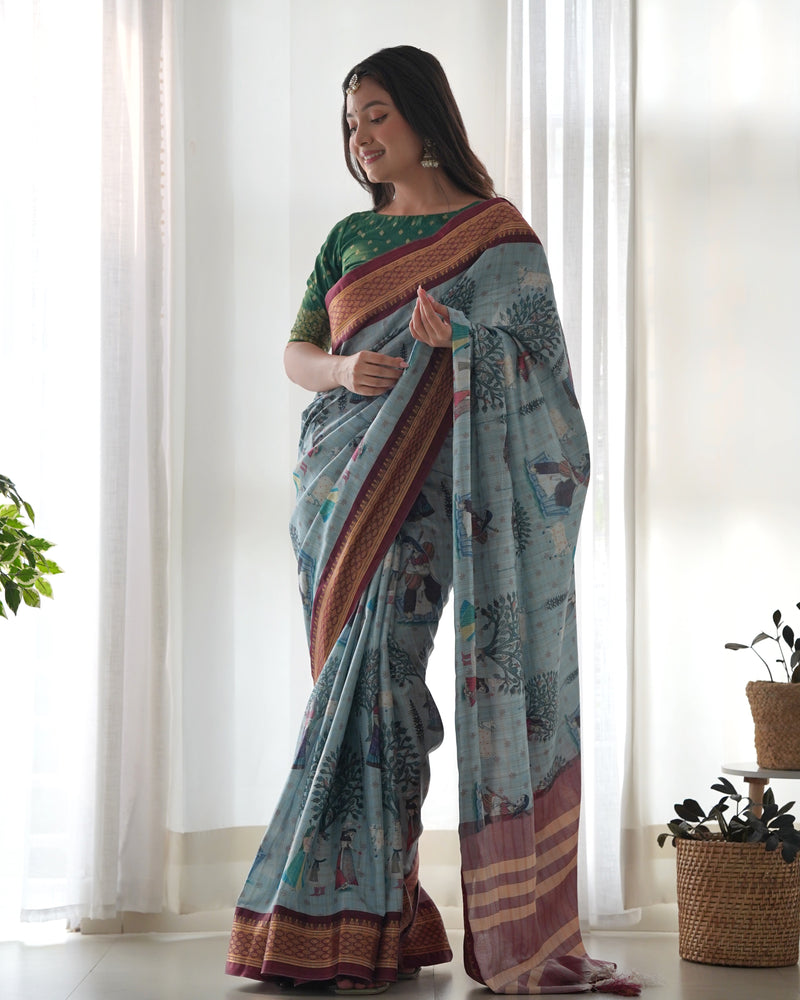 Pure Weaving Silk Saree with Kalamkari Print.