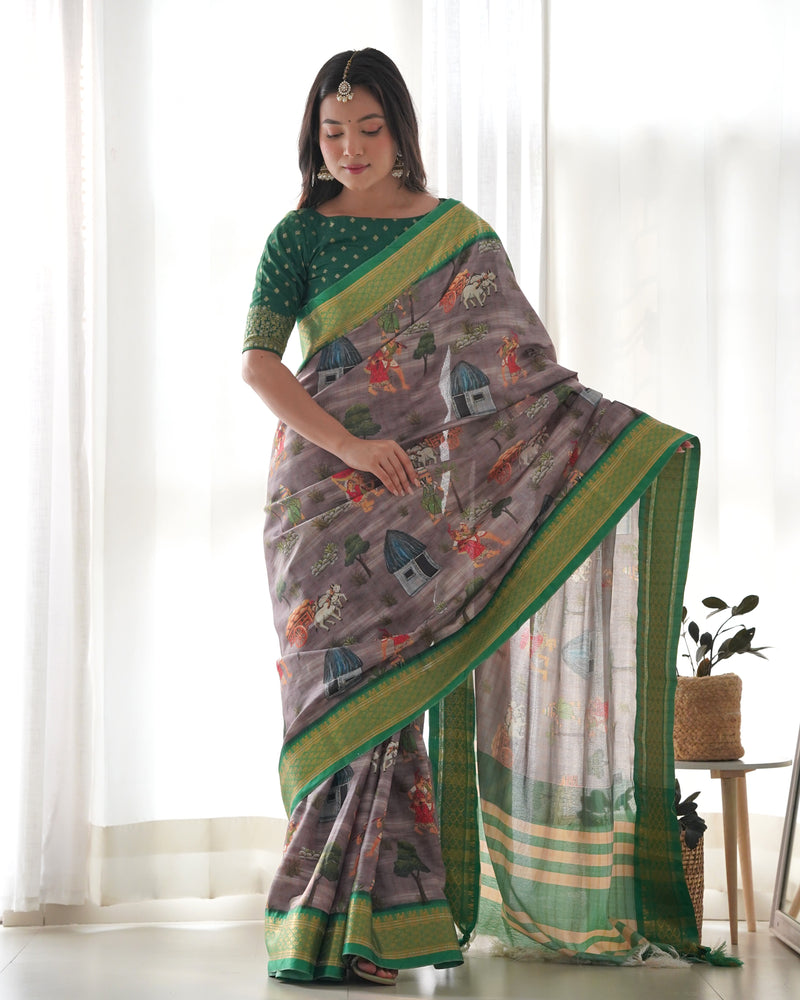 Pure Weaving Silk Saree with Kalamkari Print.