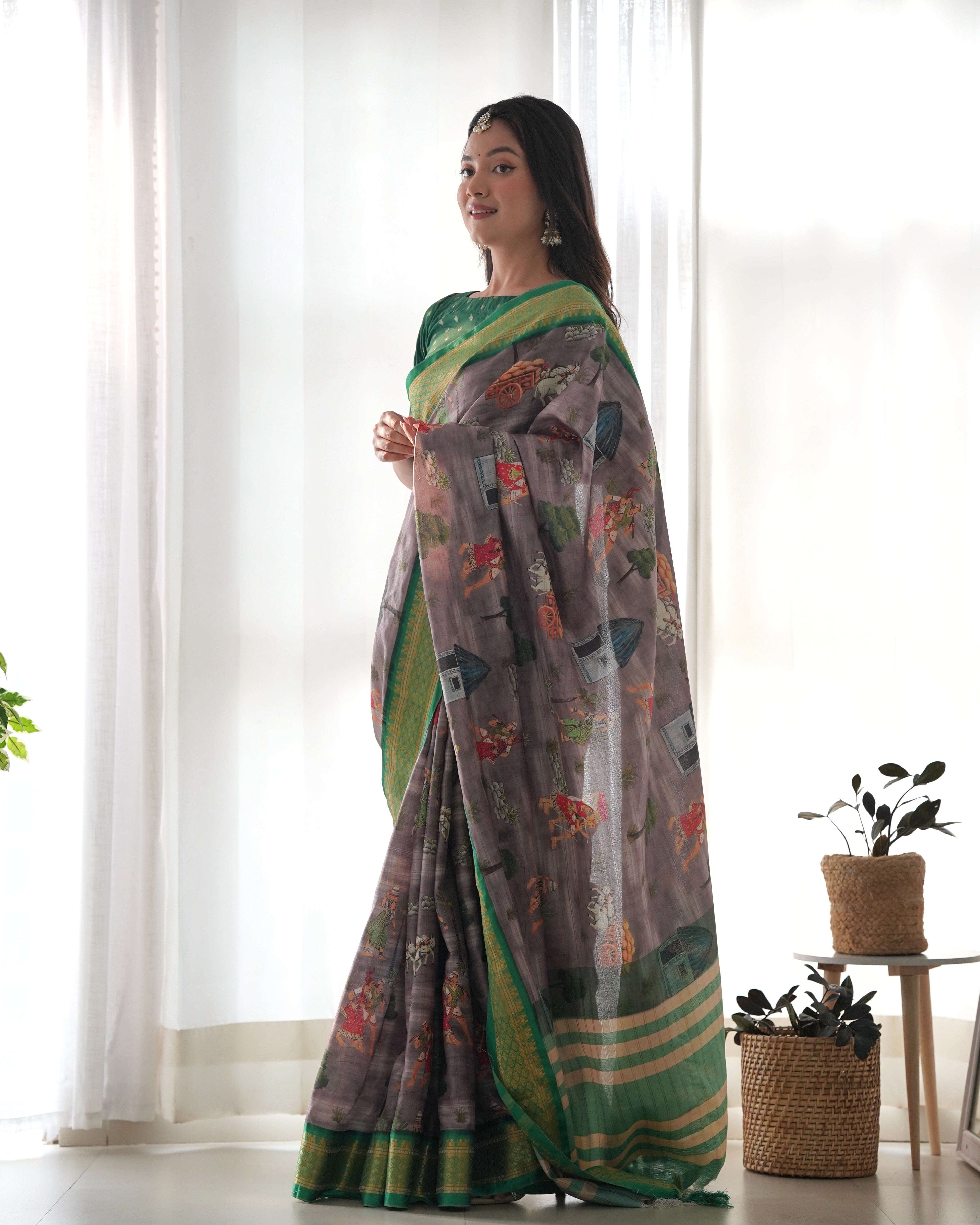 Pure Weaving Silk Saree with Kalamkari Print. Kalikar