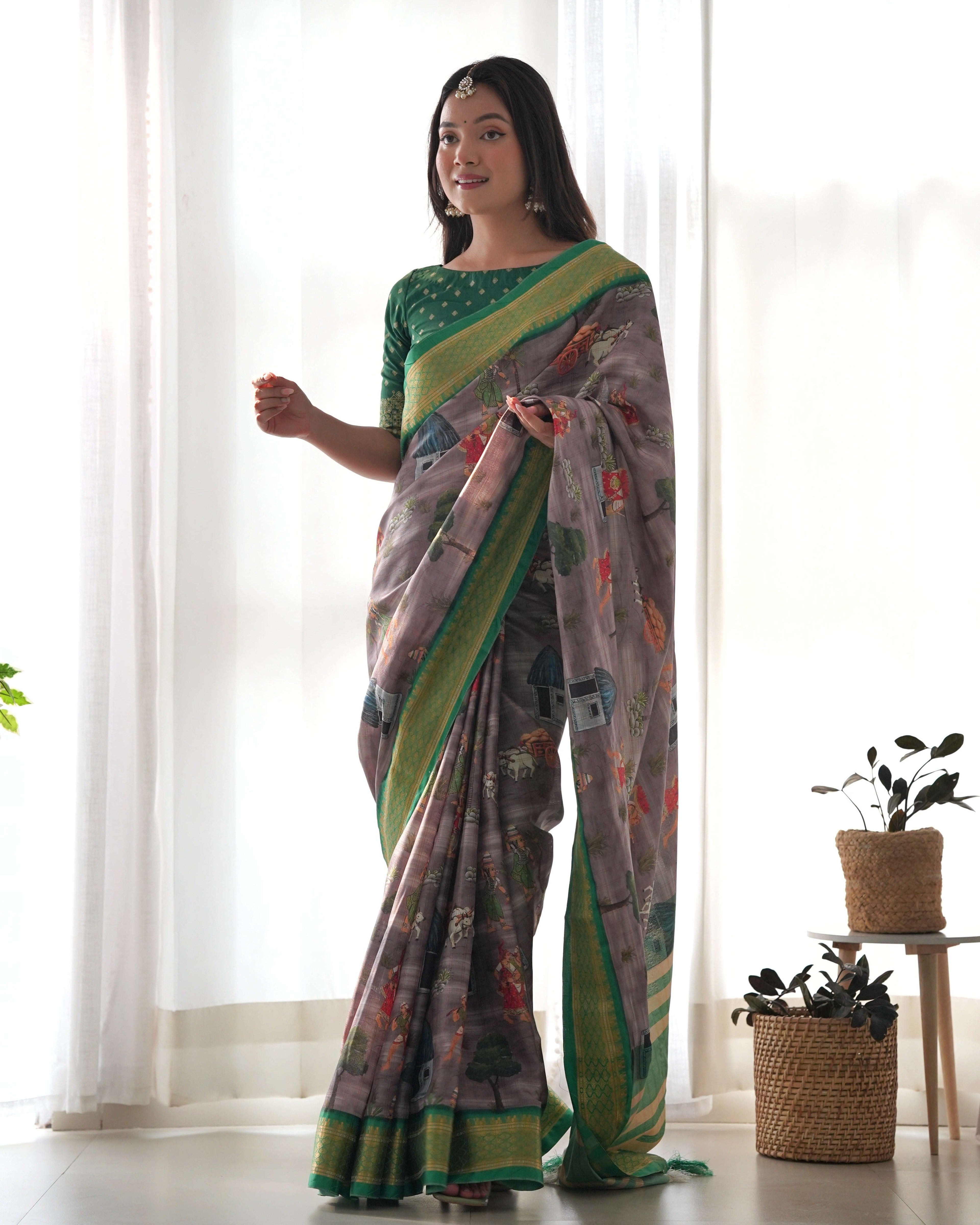 Pure Weaving Silk Saree with Kalamkari Print. Kalikar
