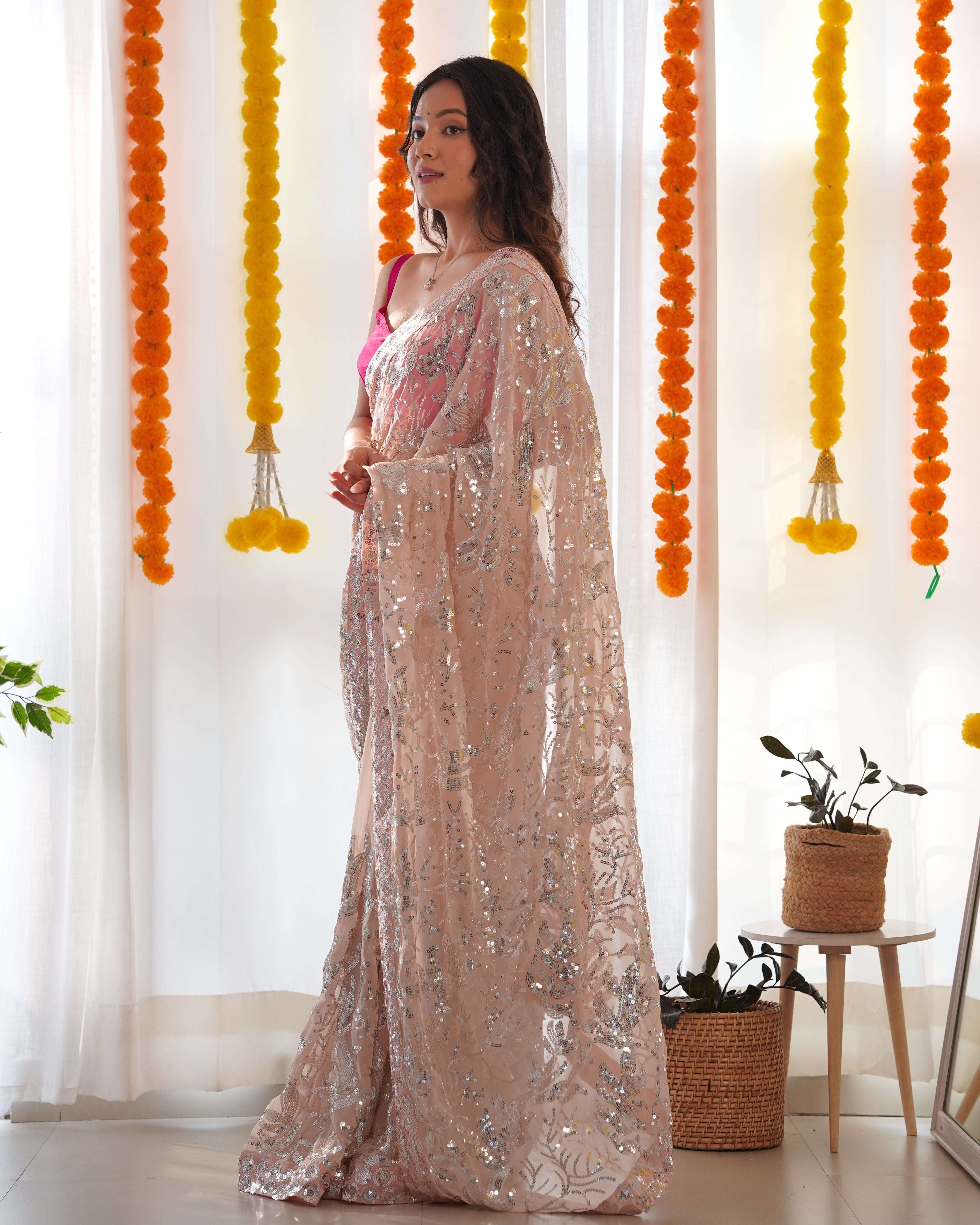 Designer Sequence Embroidered Saree of Peach Colour Kalikar