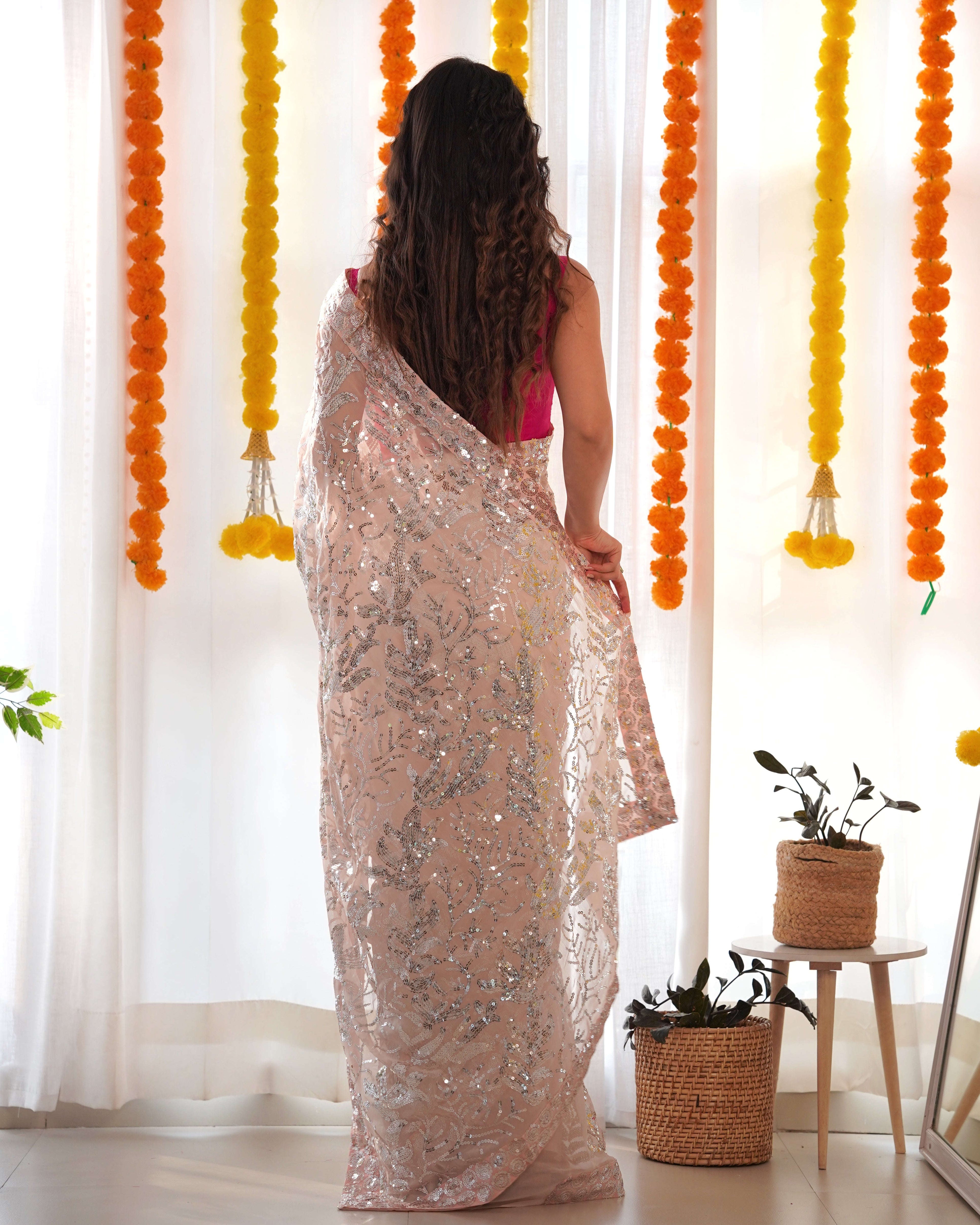 Designer Sequence Embroidered Saree of Peach Colour Kalikar