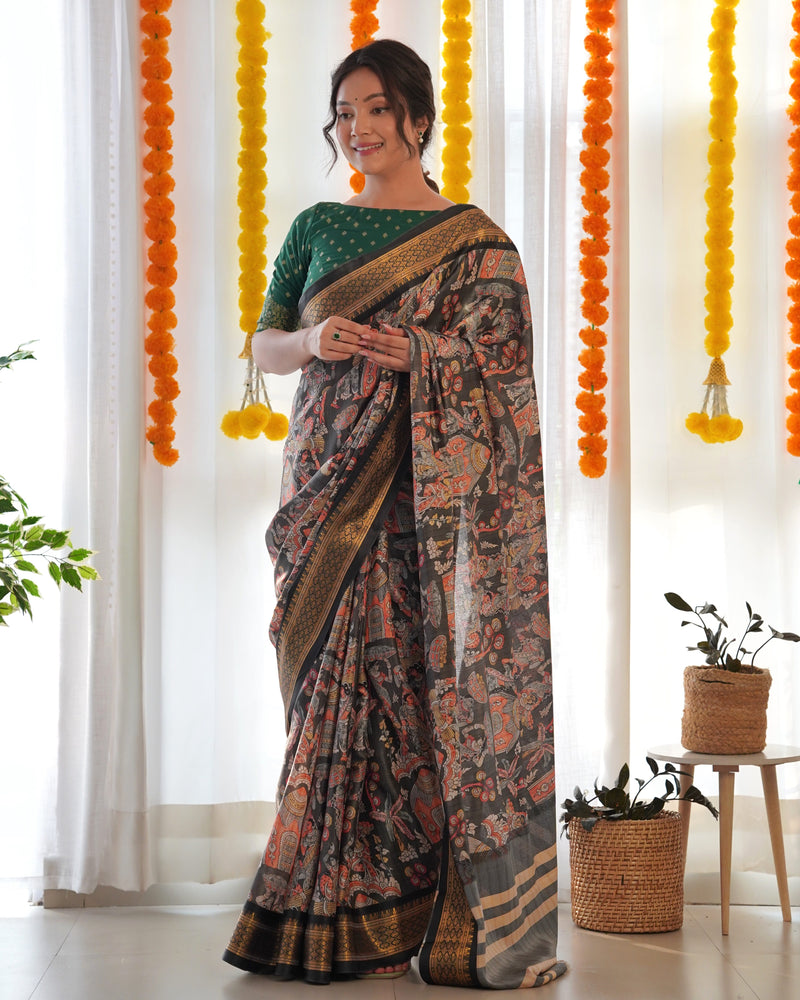 Pure Weaving Silk Saree with Kalamkari Print.