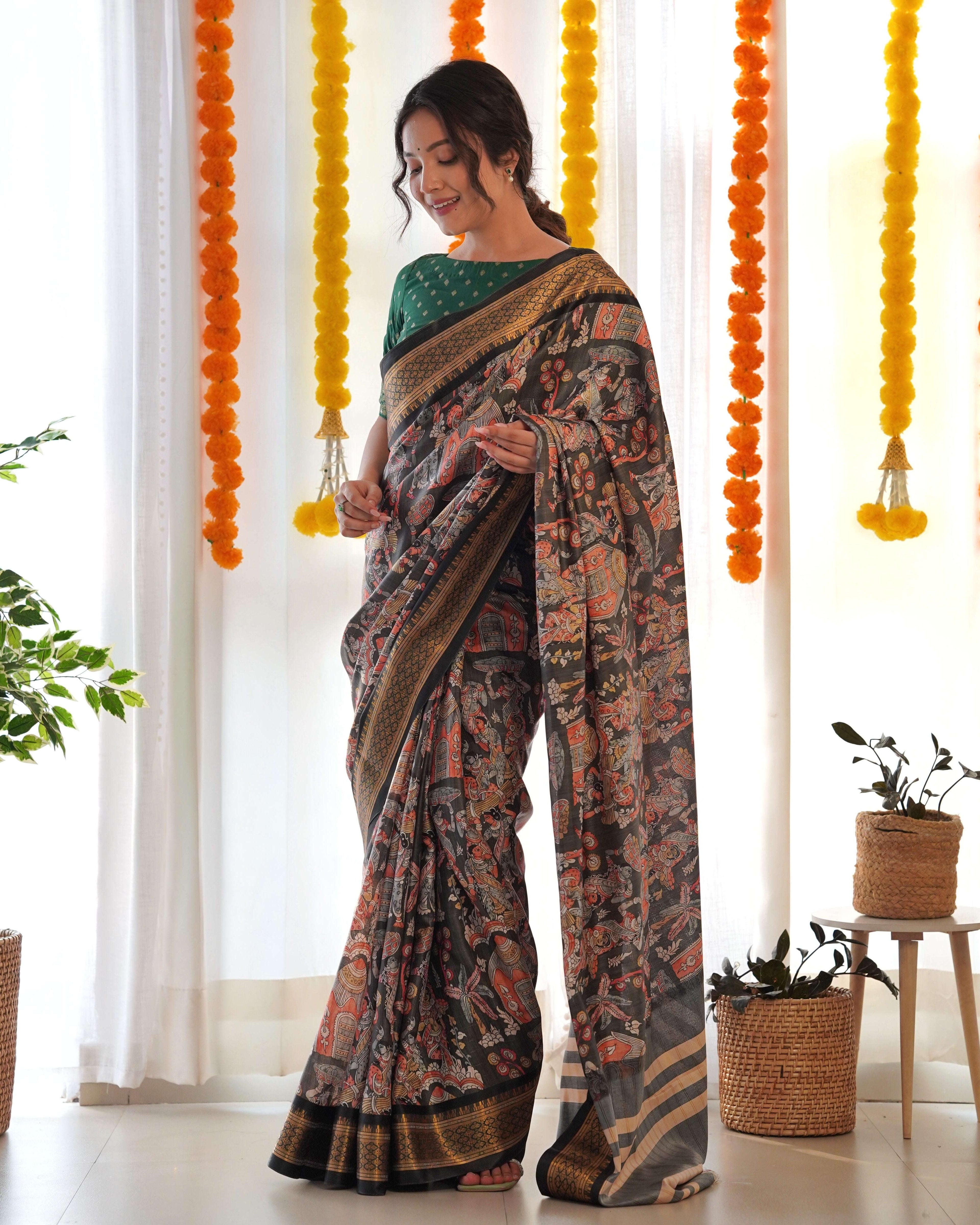 Pure Weaving Silk Saree with Kalamkari Print. Kalikar