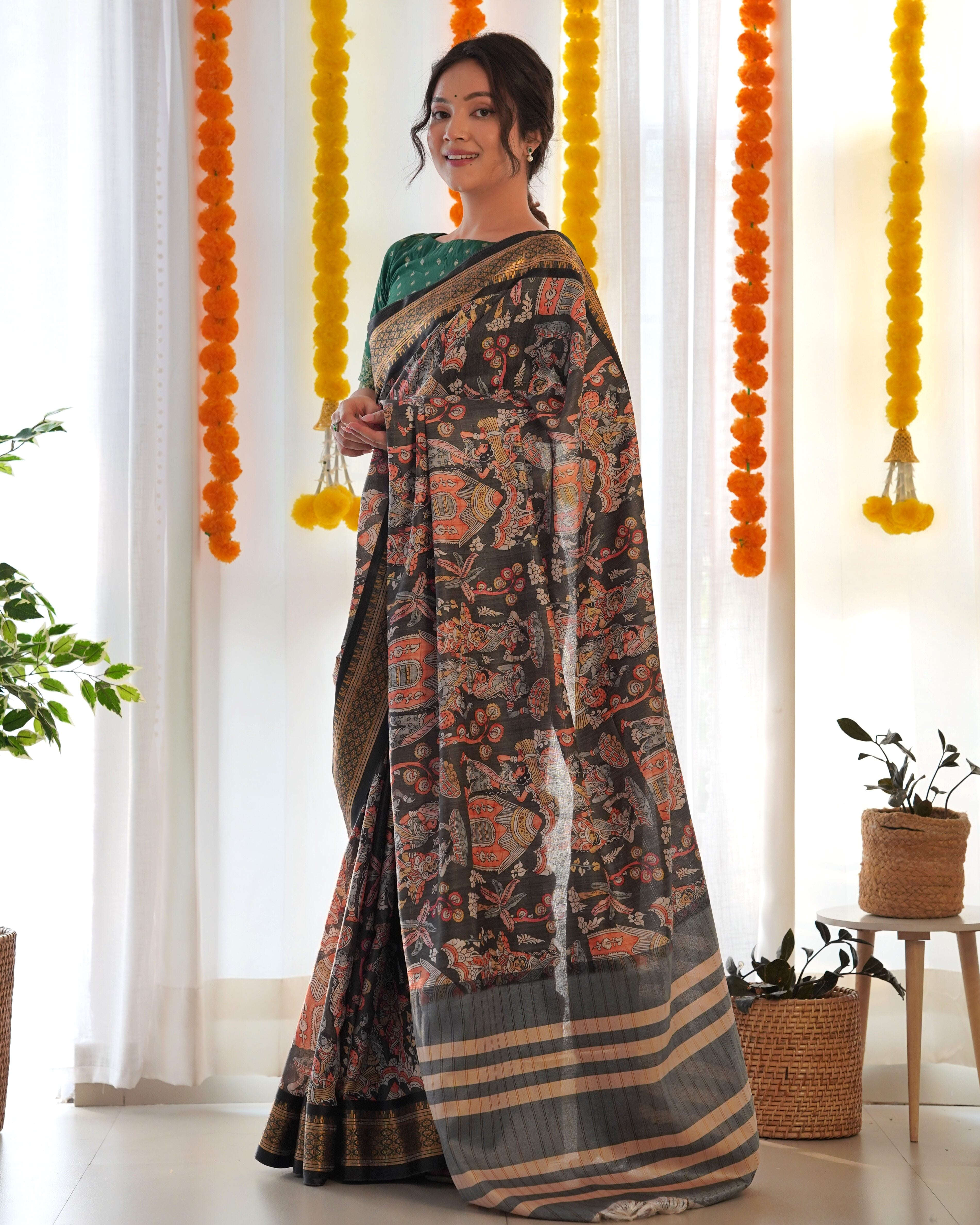 Pure Weaving Silk Saree with Kalamkari Print. Kalikar