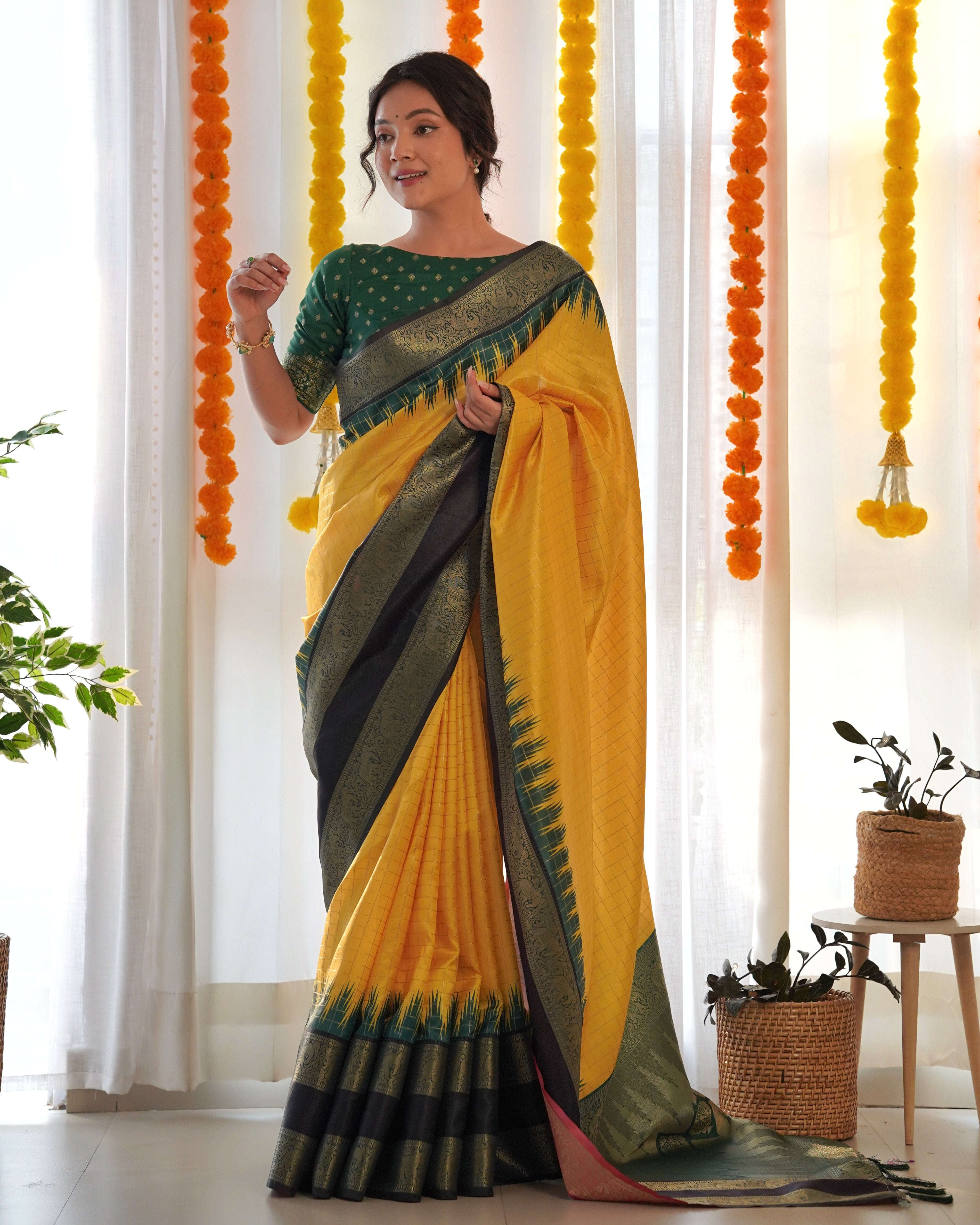 Yellow Color Designer Prism Print with Weaving Border. Kalikar