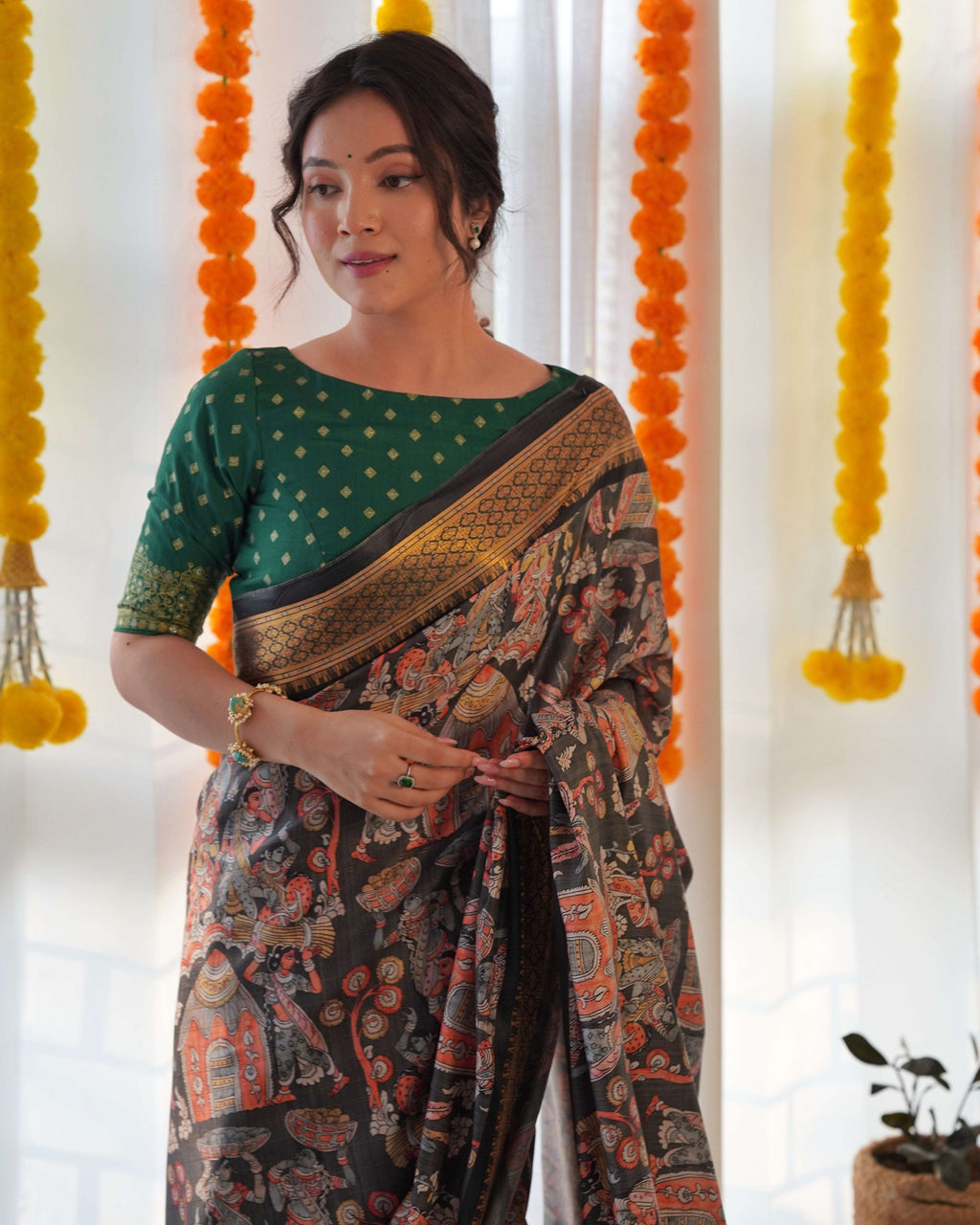 Pure Weaving Silk Saree with Kalamkari Print. Kalikar