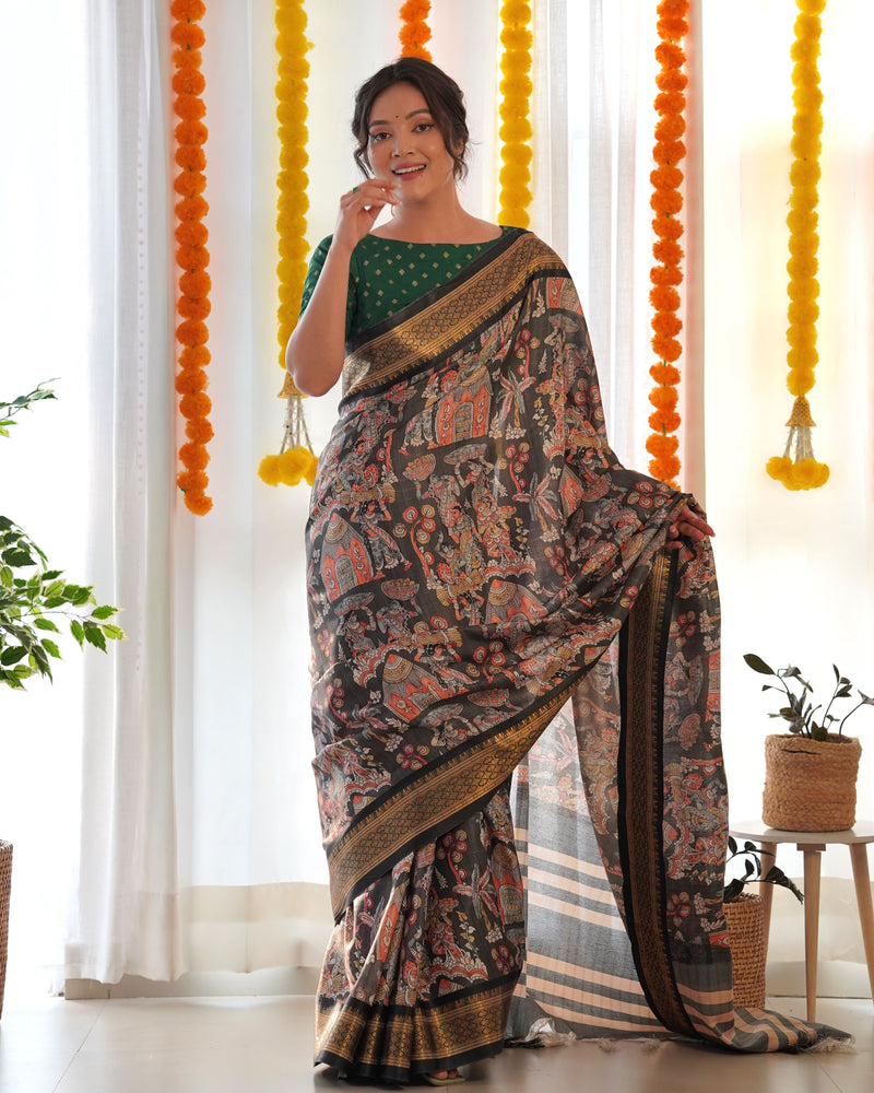 Pure Weaving Silk Saree with Kalamkari Print.