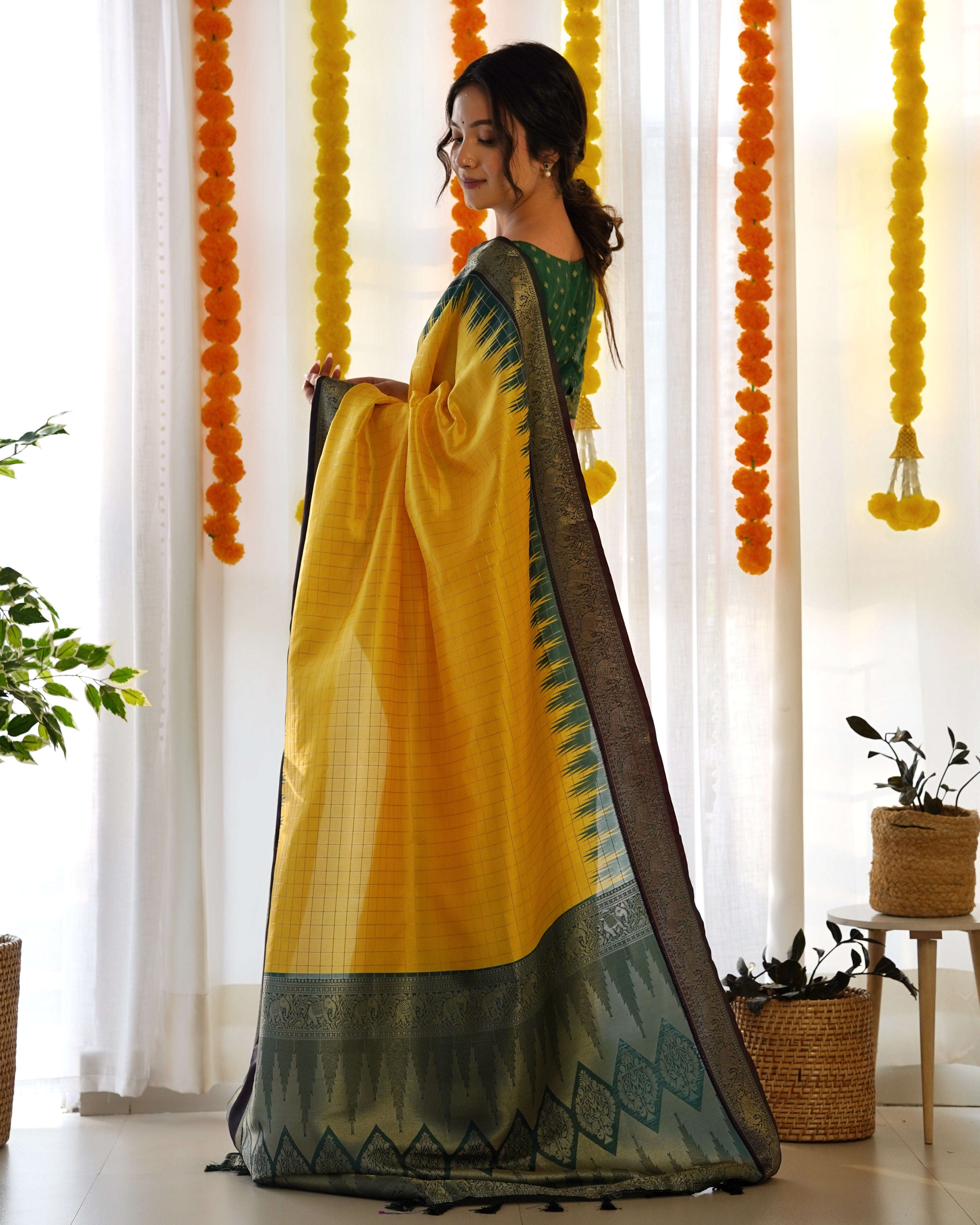 Yellow Color Designer Prism Print with Weaving Border. Kalikar