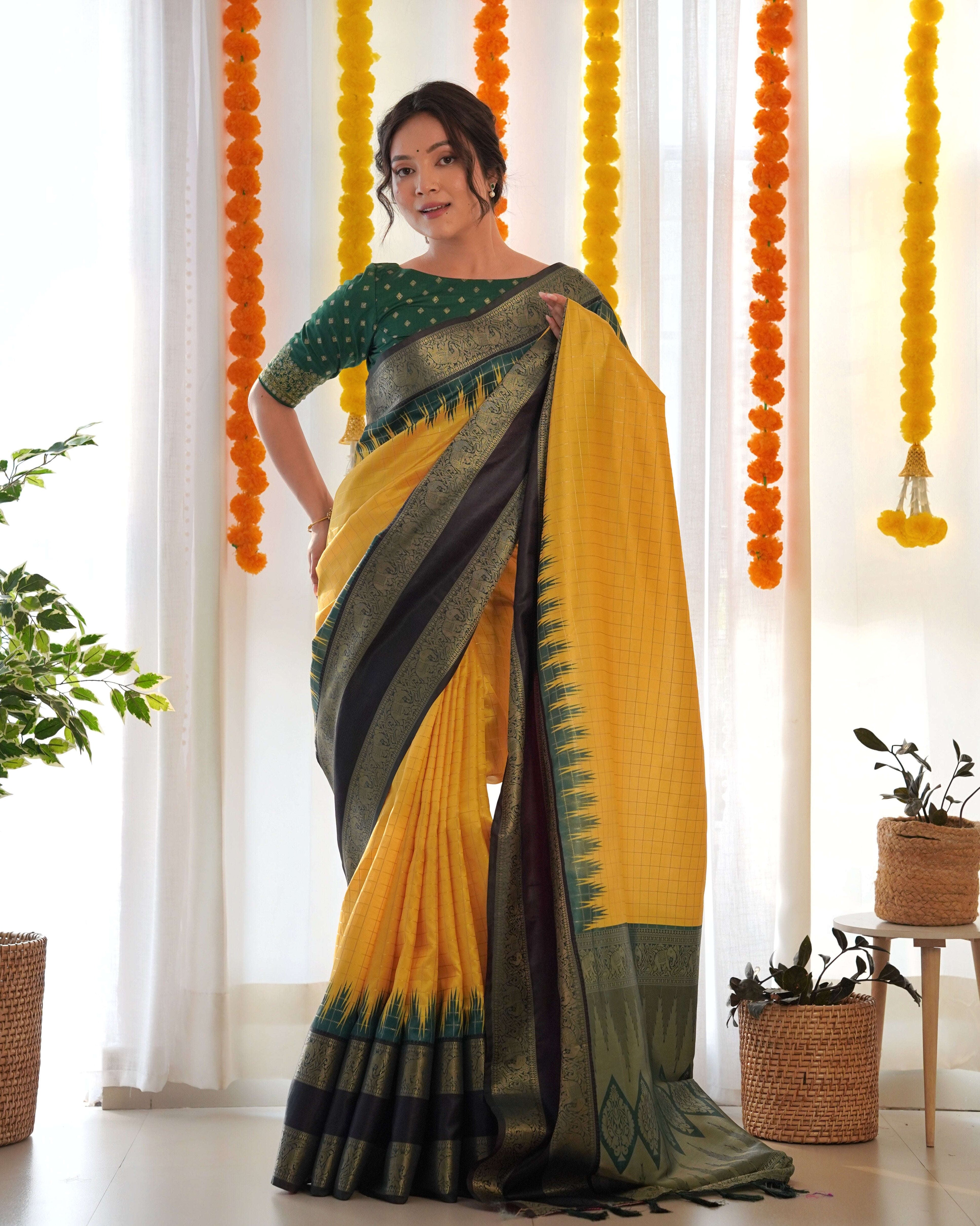 Yellow Color Designer Prism Print with Weaving Border. Kalikar