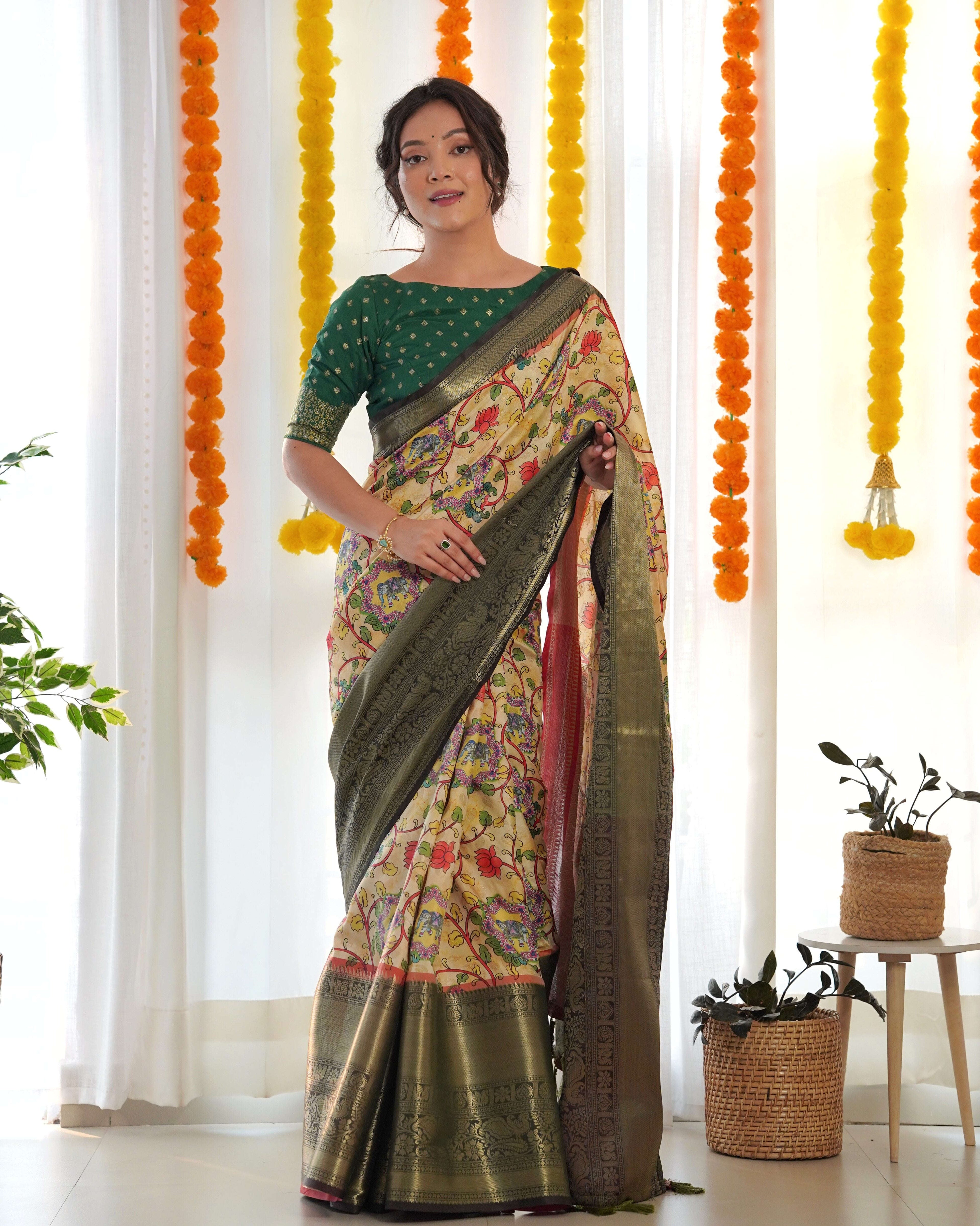 Designer Kalamkari Printed Saree of Yellow Color Kalikar