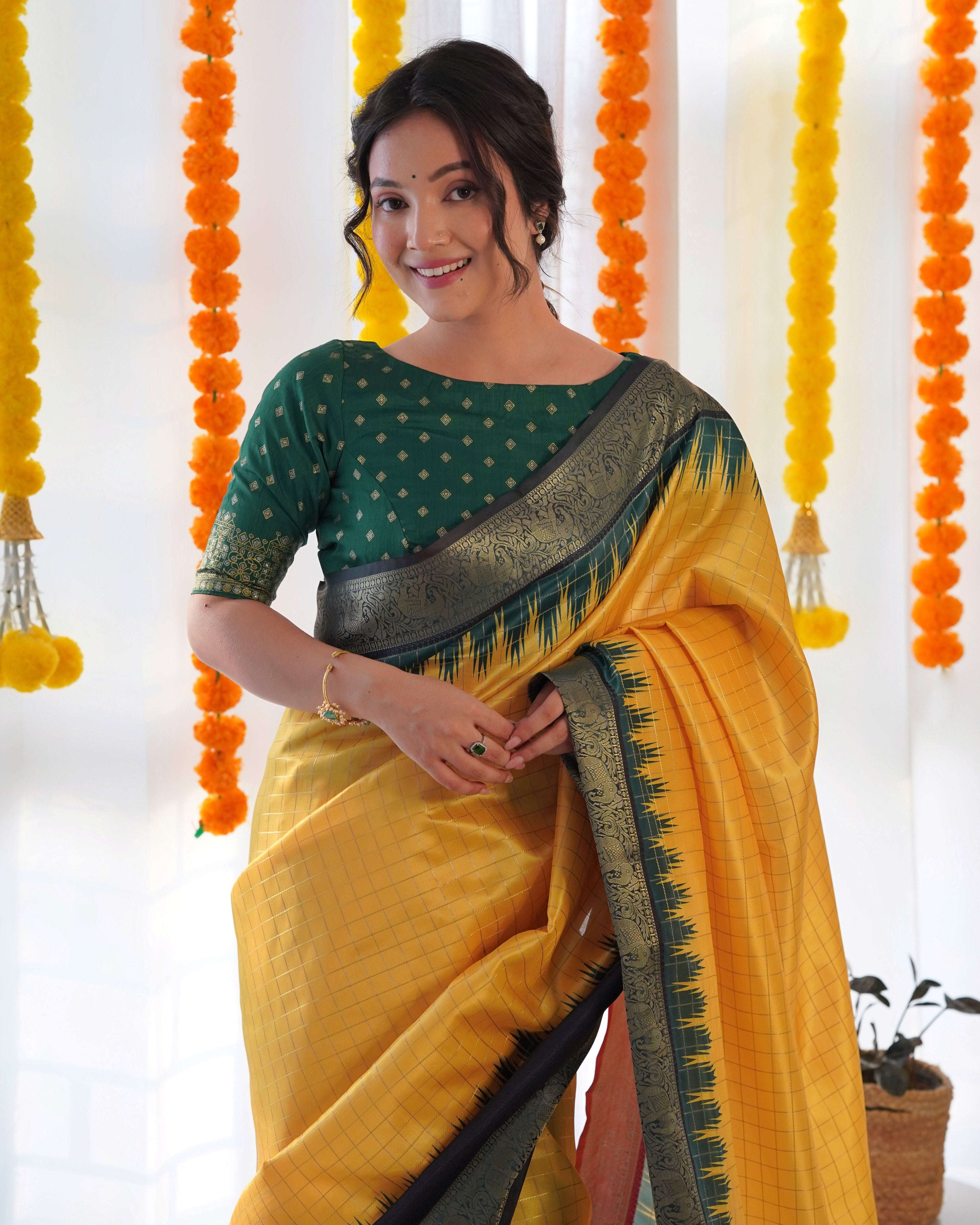 Yellow Color Designer Prism Print with Weaving Border. Kalikar