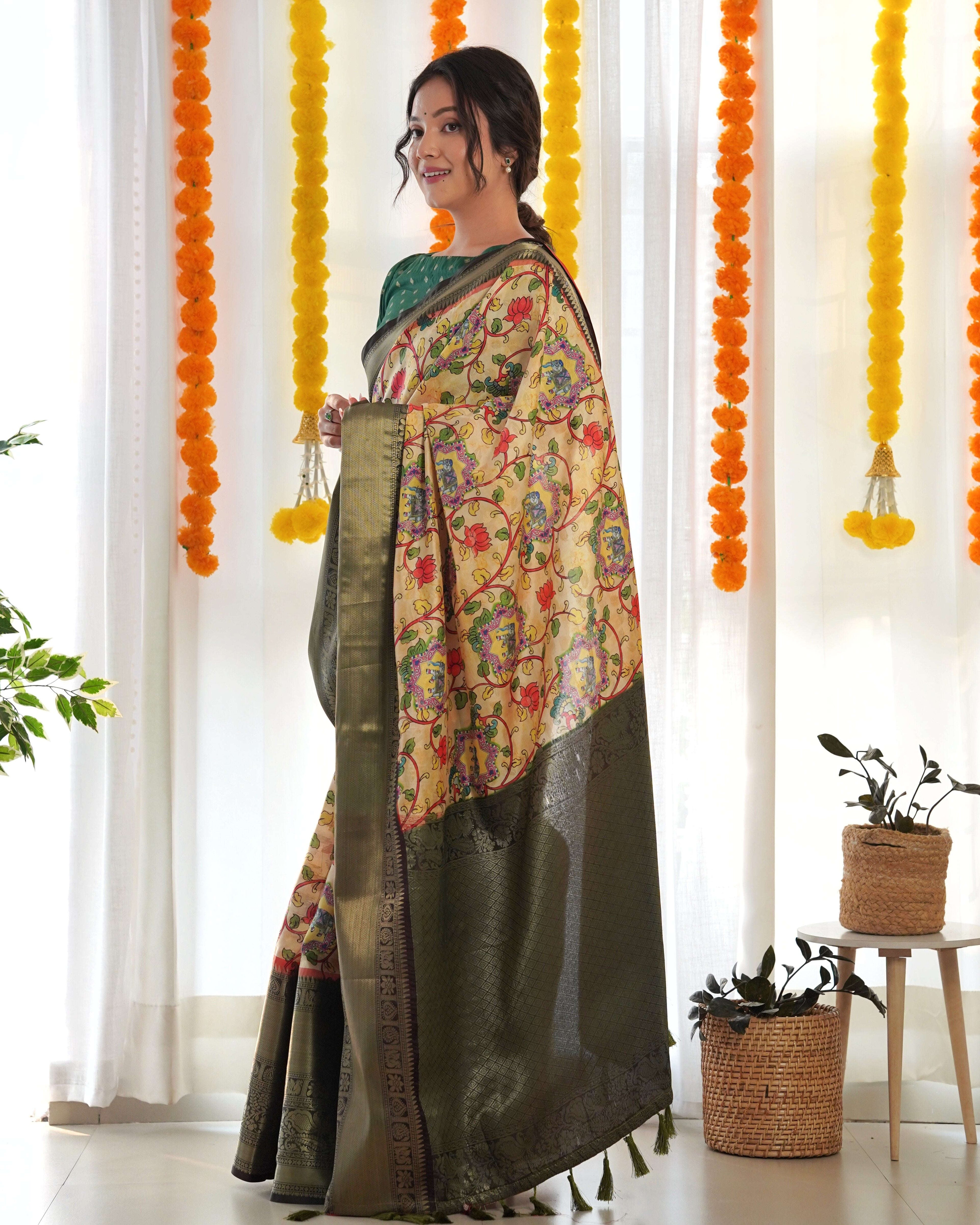 Designer Kalamkari Printed Saree of Yellow Color Kalikar