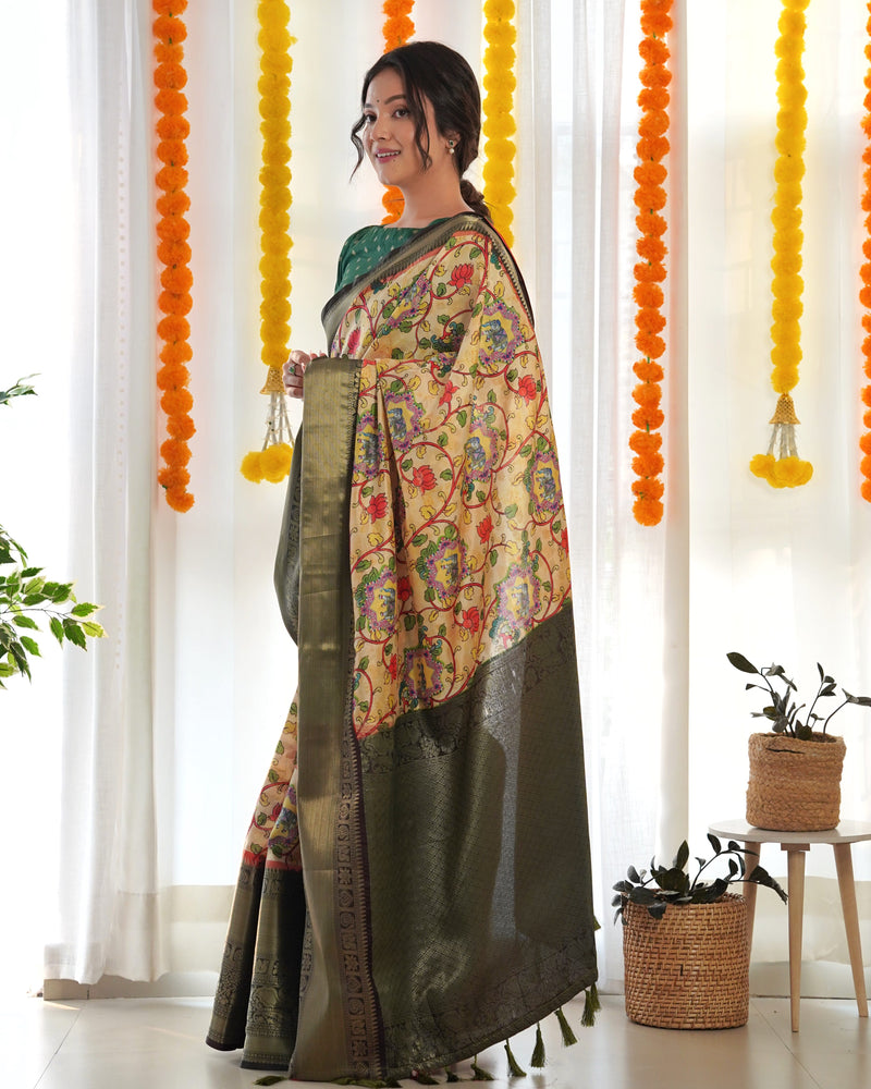 Designer Kalamkari Printed Saree of Yellow Color