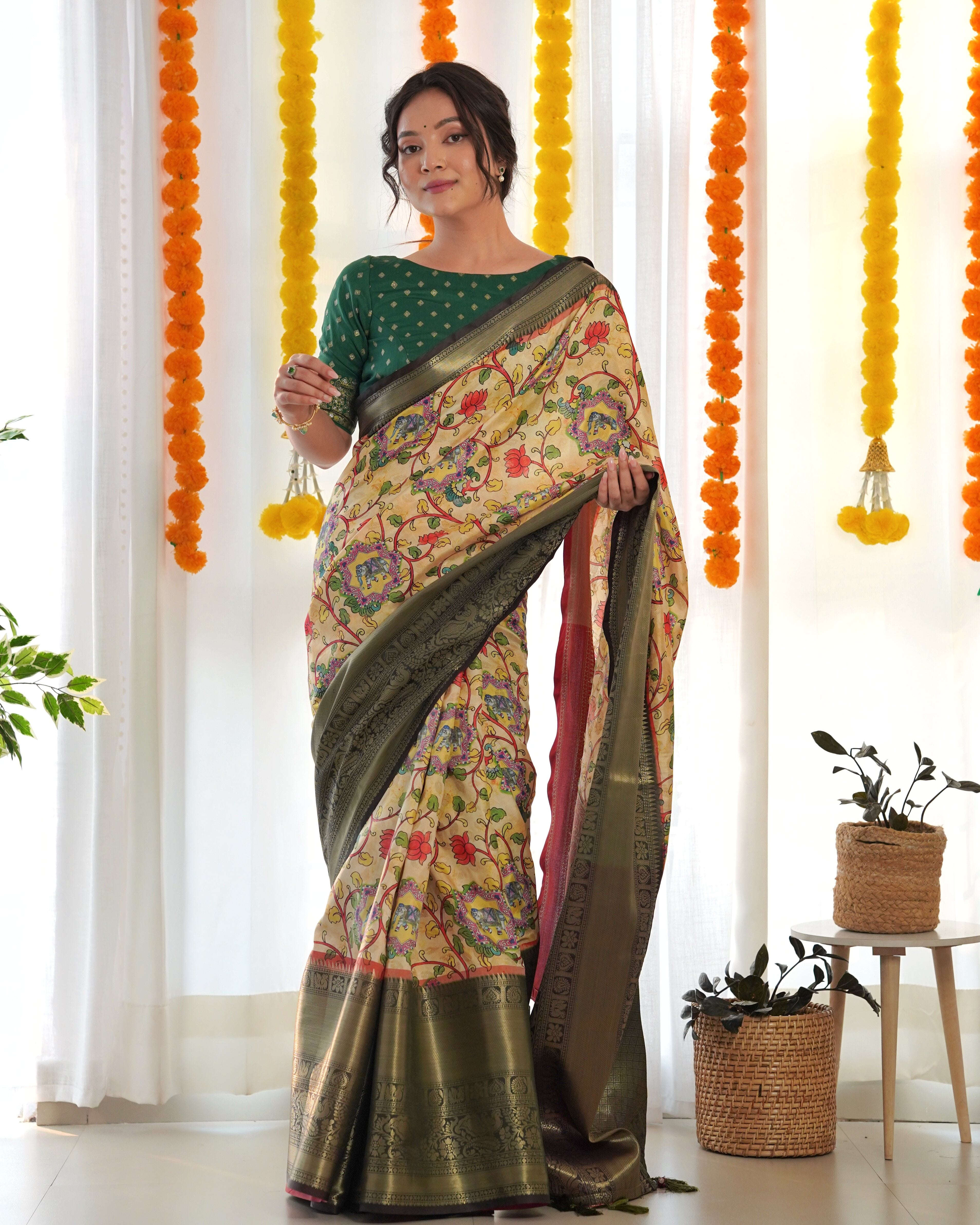 Designer Kalamkari Printed Saree of Yellow Color Kalikar