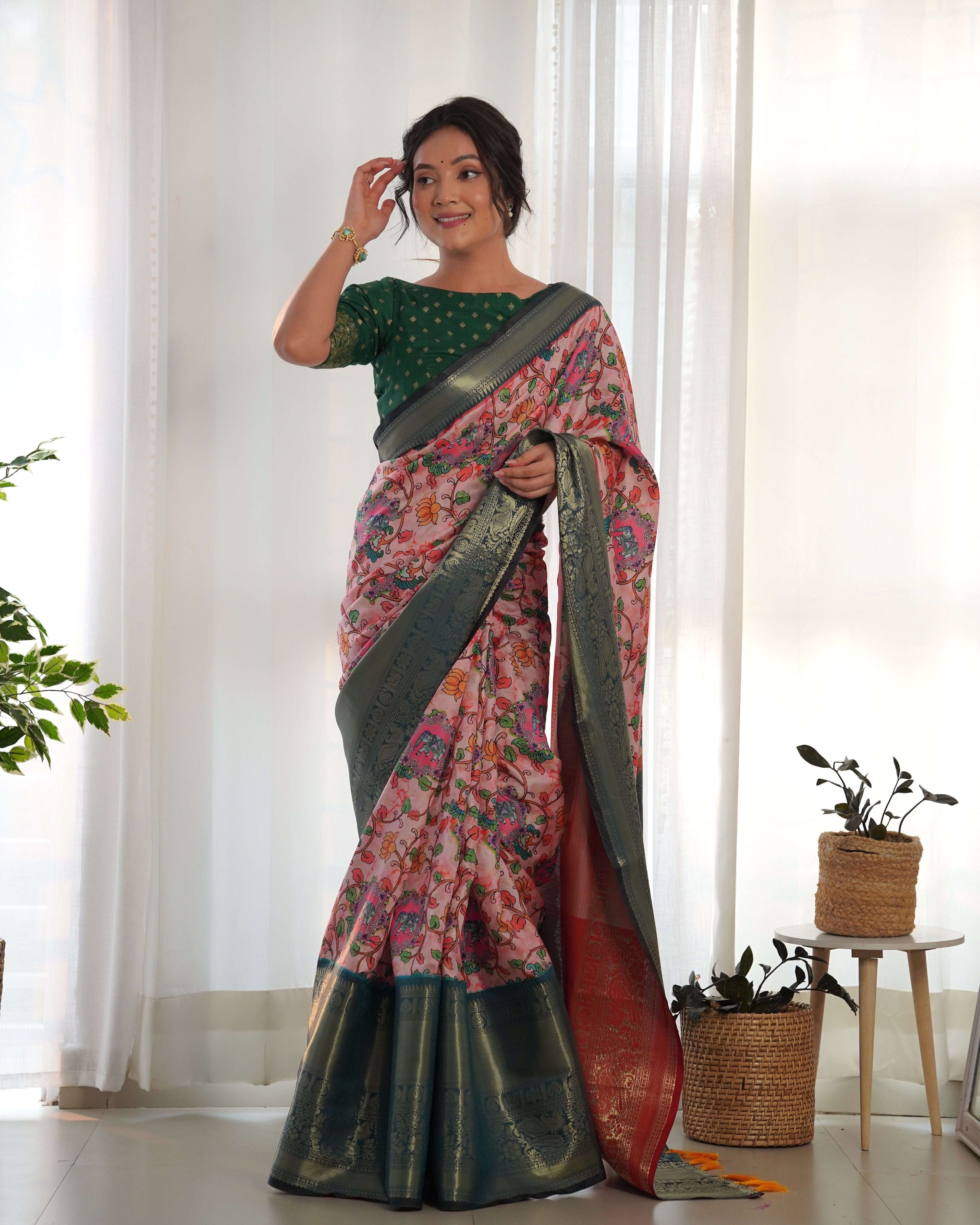 Designer Kalamkari Printed Saree of Pink Color Kalikar