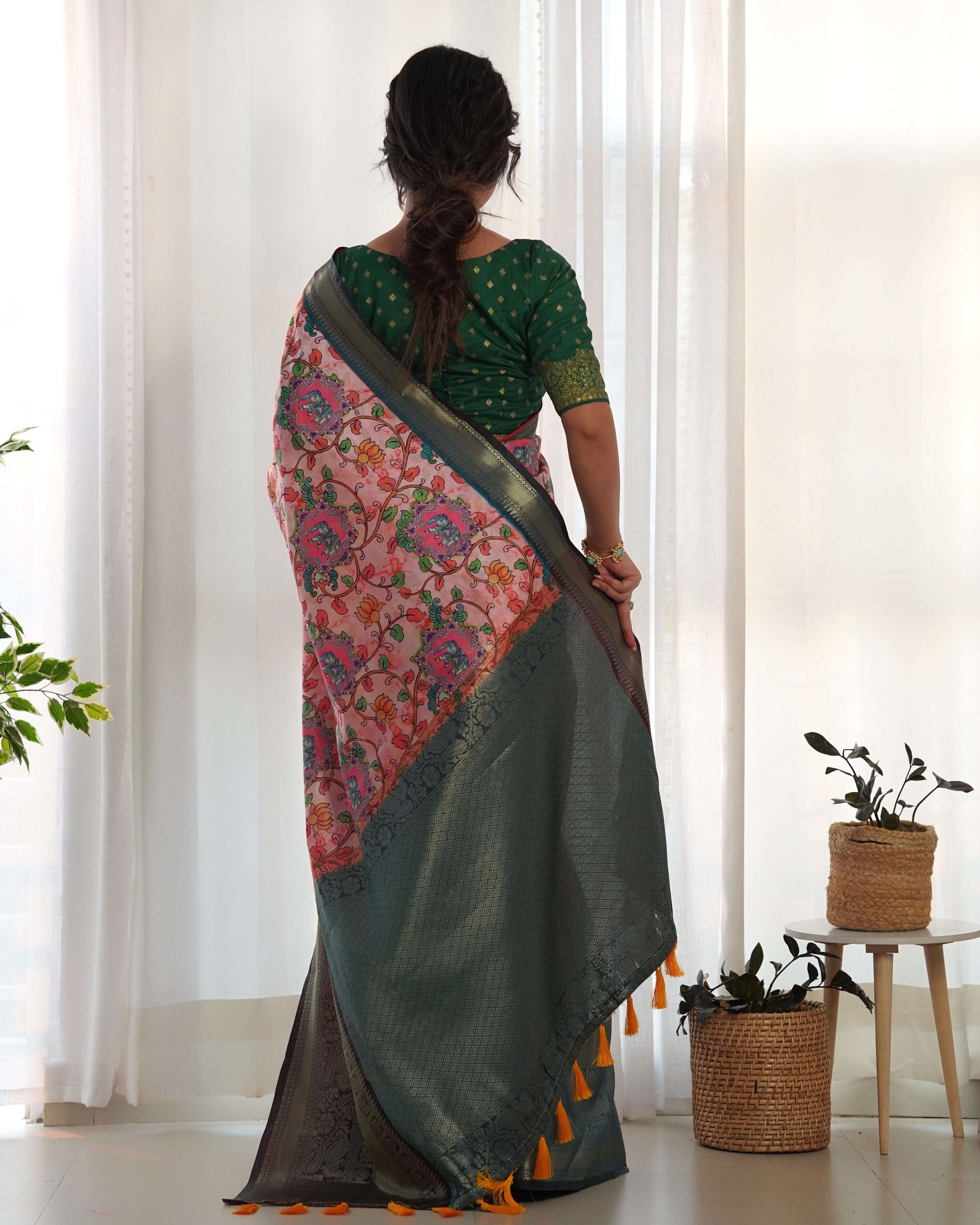 Designer Kalamkari Printed Saree of Pink Color Kalikar