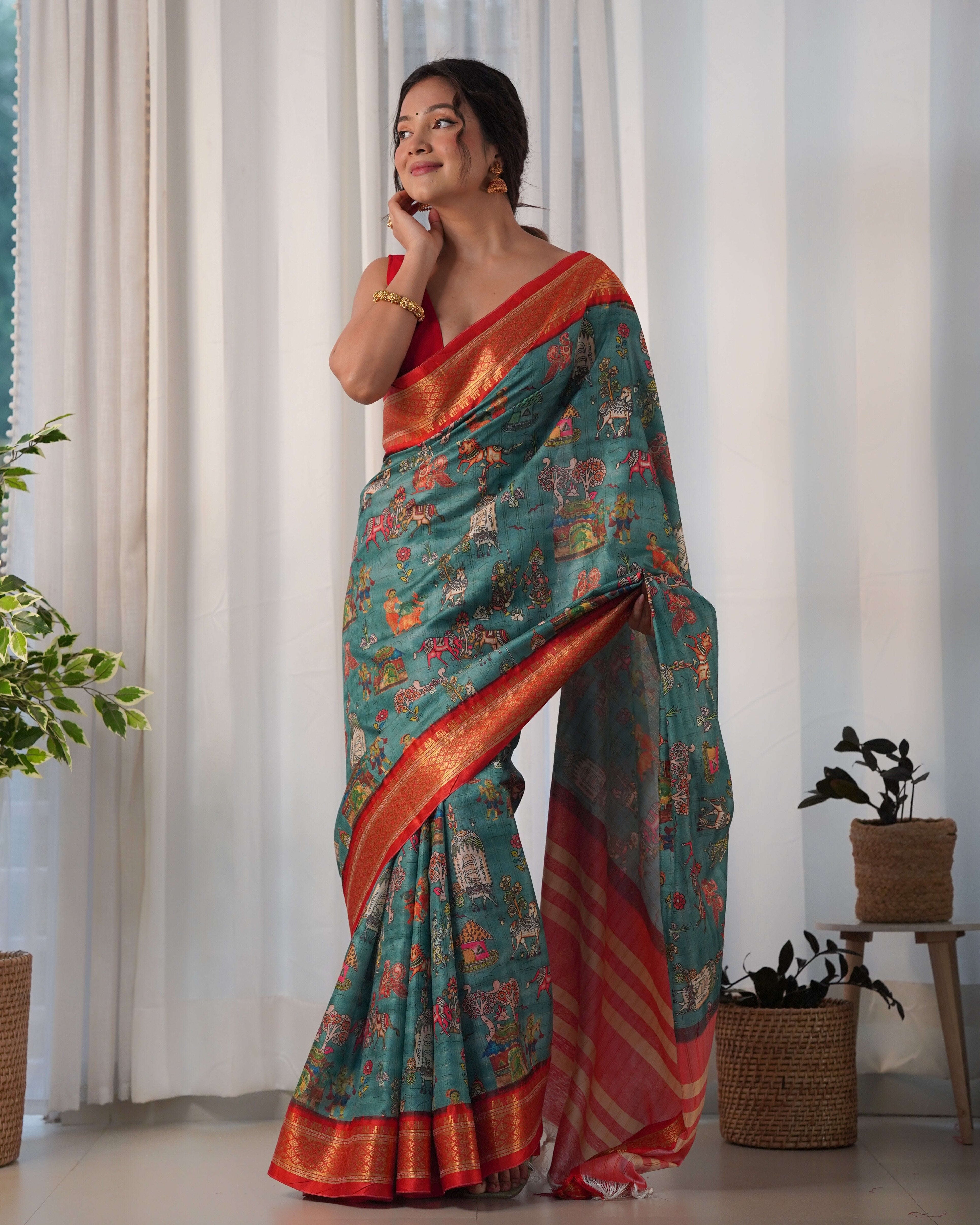 Pure Weaving Silk Saree with Kalamkari Print. Kalikar