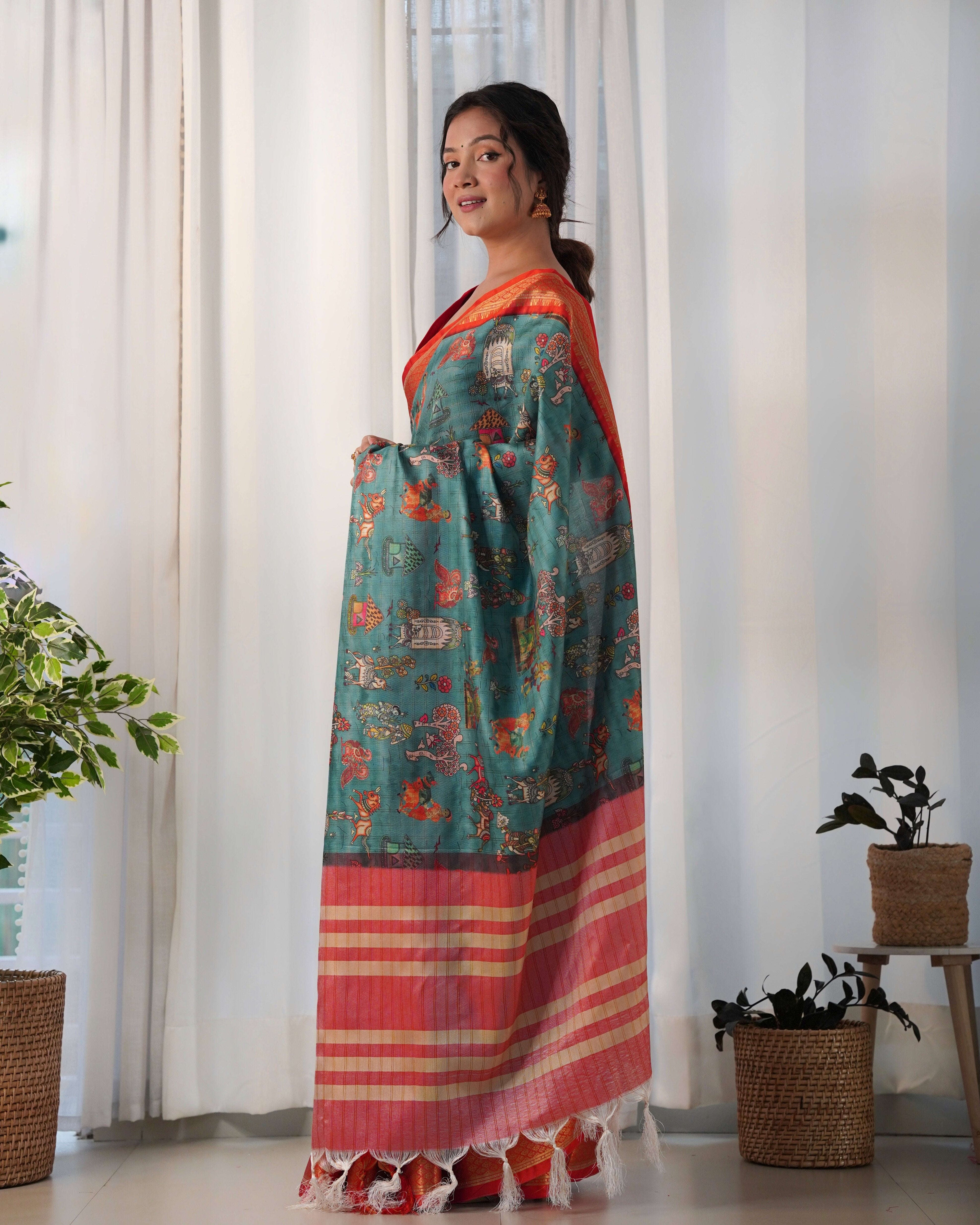 Pure Weaving Silk Saree with Kalamkari Print. Kalikar