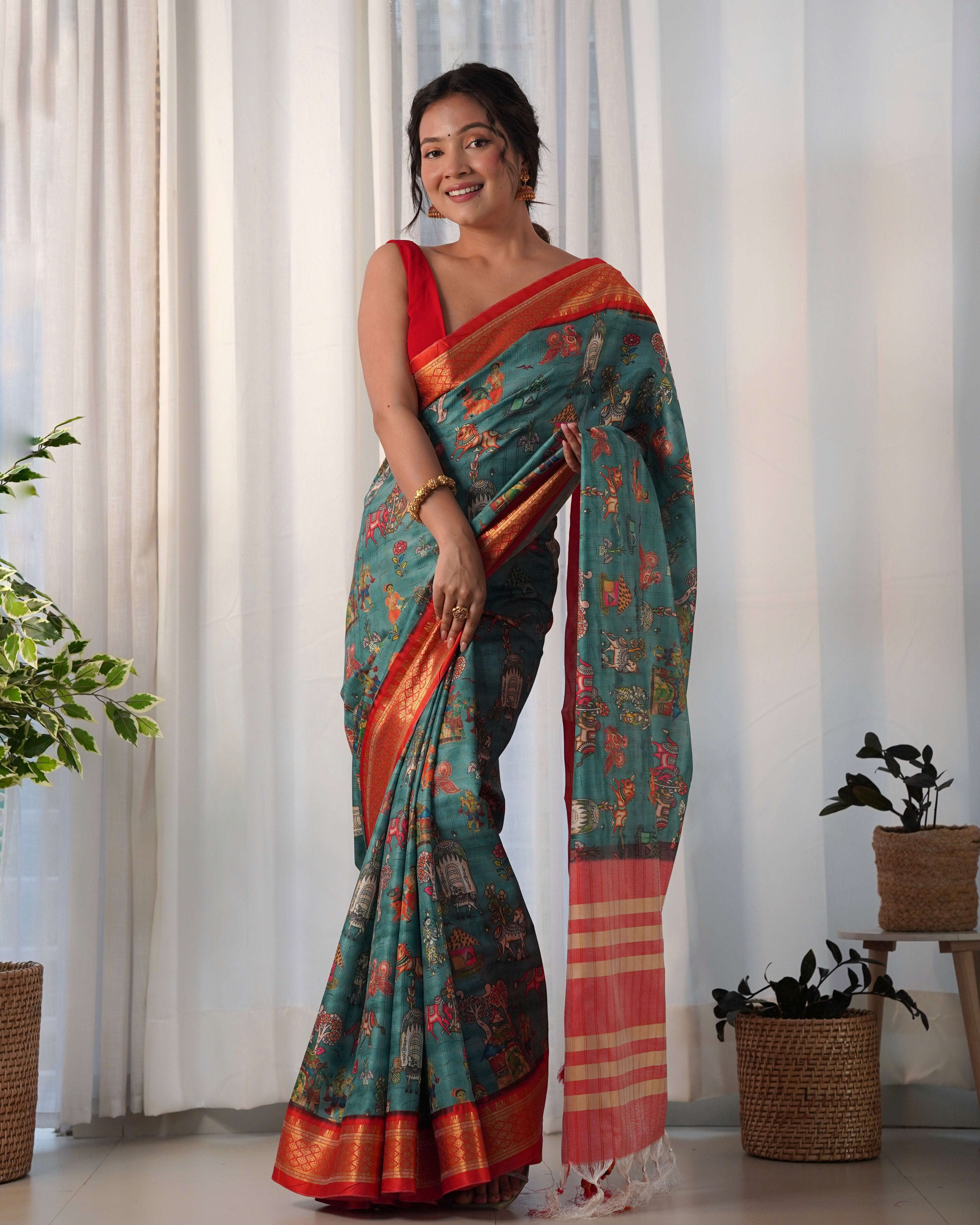 Pure Weaving Silk Saree with Kalamkari Print. Kalikar