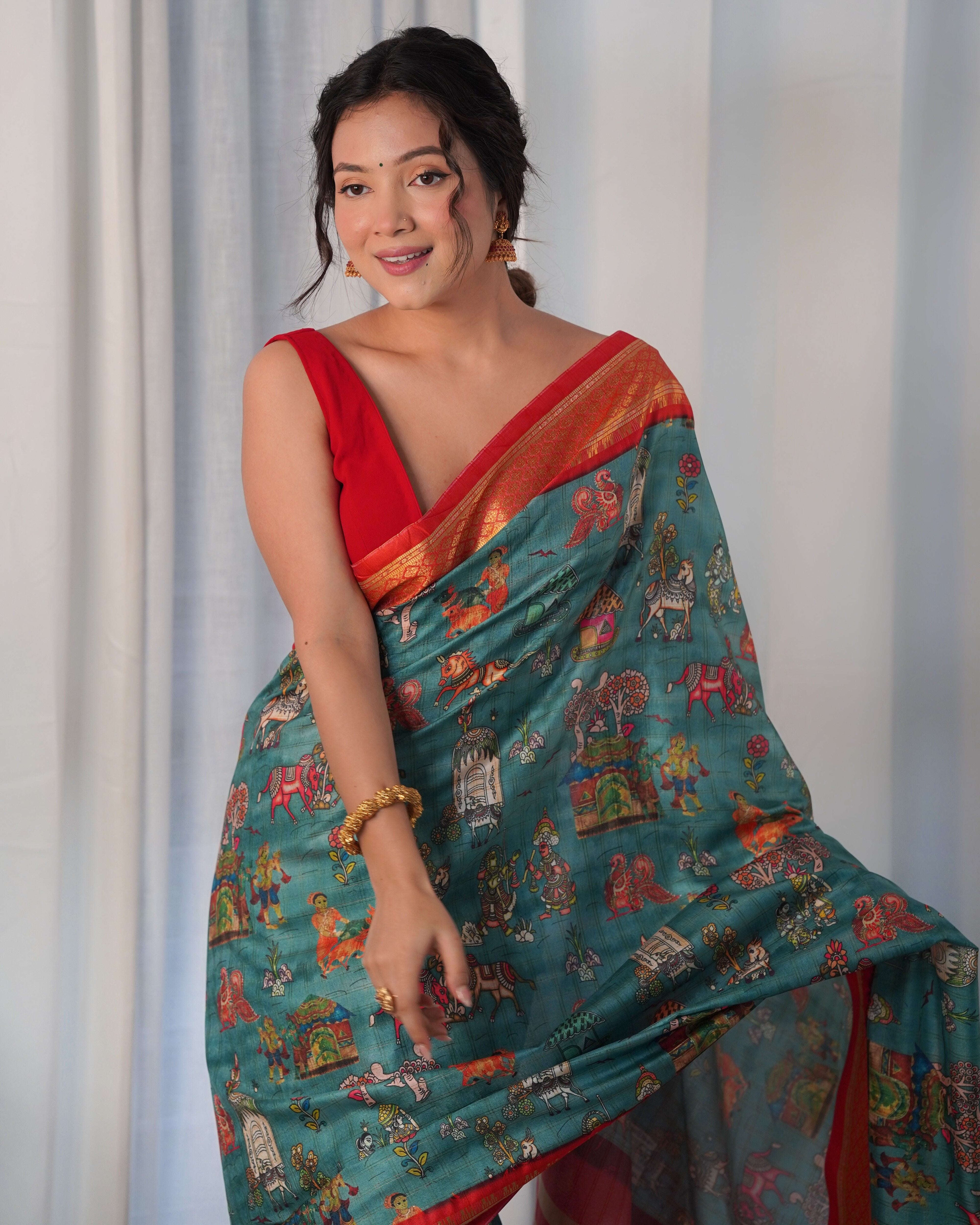 Pure Weaving Silk Saree with Kalamkari Print. Kalikar