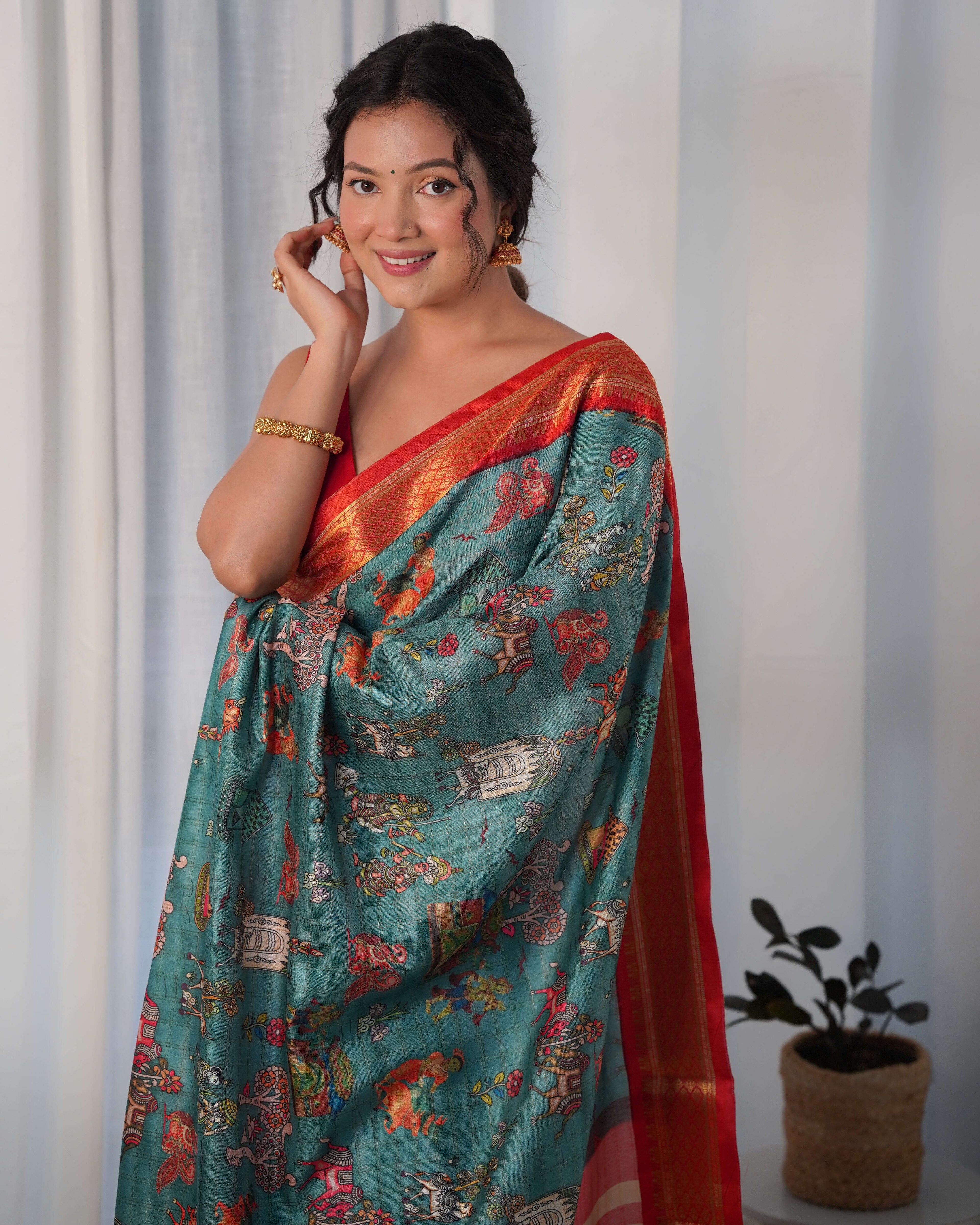 Pure Weaving Silk Saree with Kalamkari Print. Kalikar