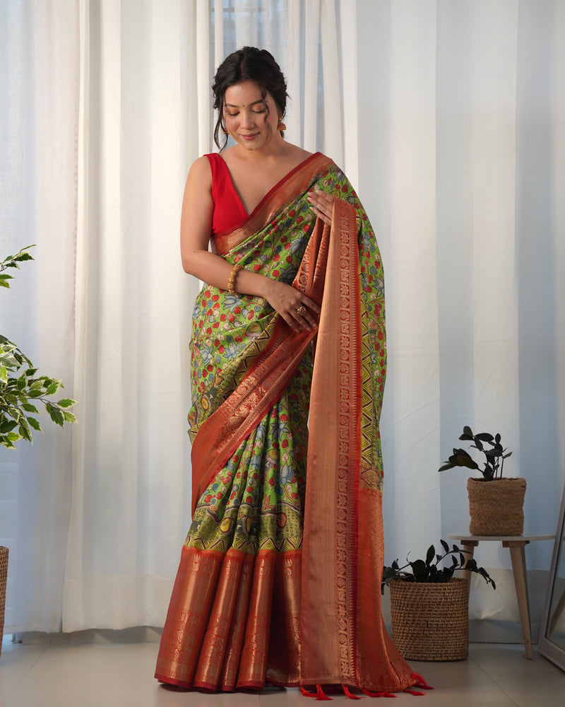 Designer Kalamkari Printed Saree of Green Color